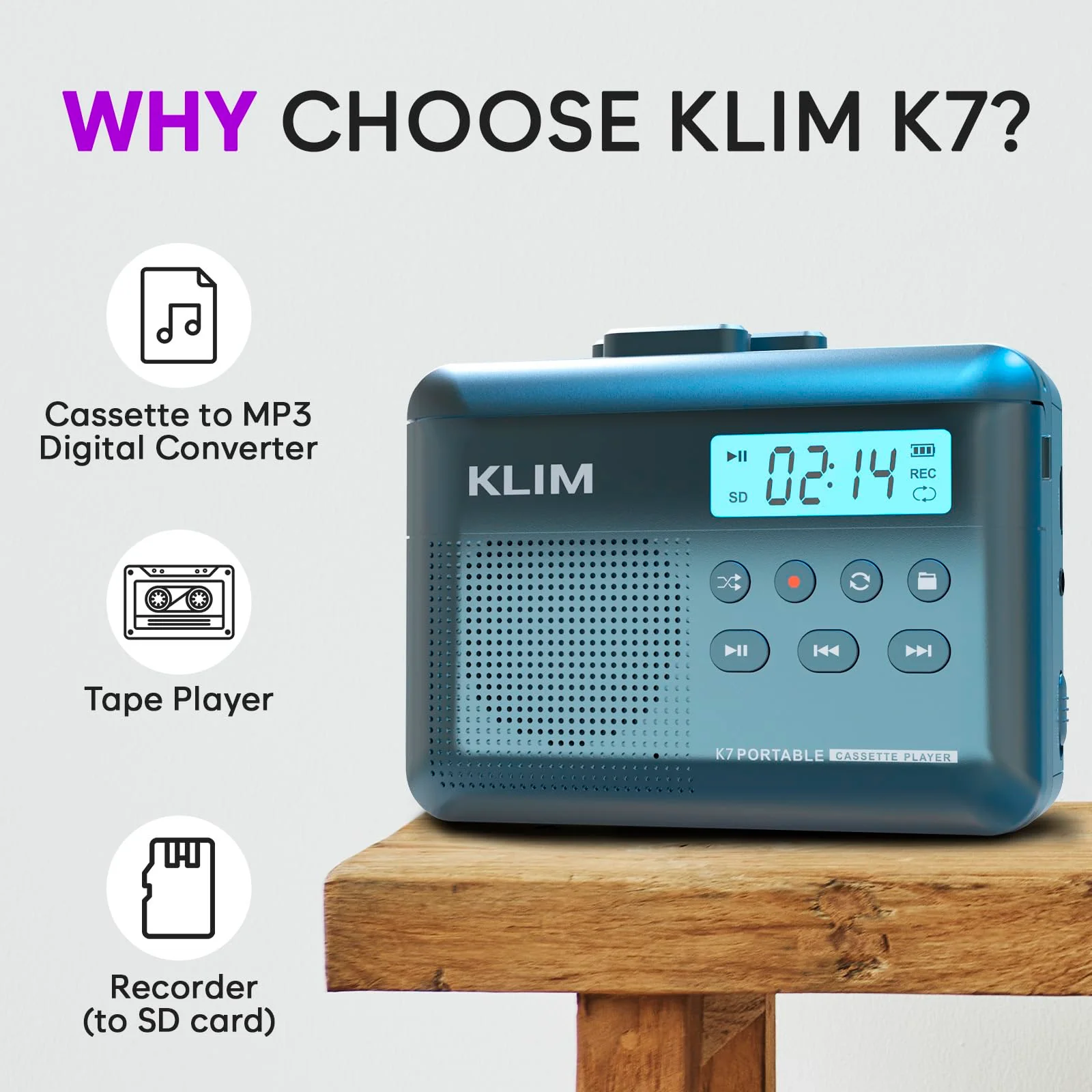 KLIM K7 Cassette Tape Player - Cassette to MP3 Converter - Portable - Built-in Microphone & Speaker - Rechargeable Battery - Earphones - 16GB SD Card - Blue - Image 2