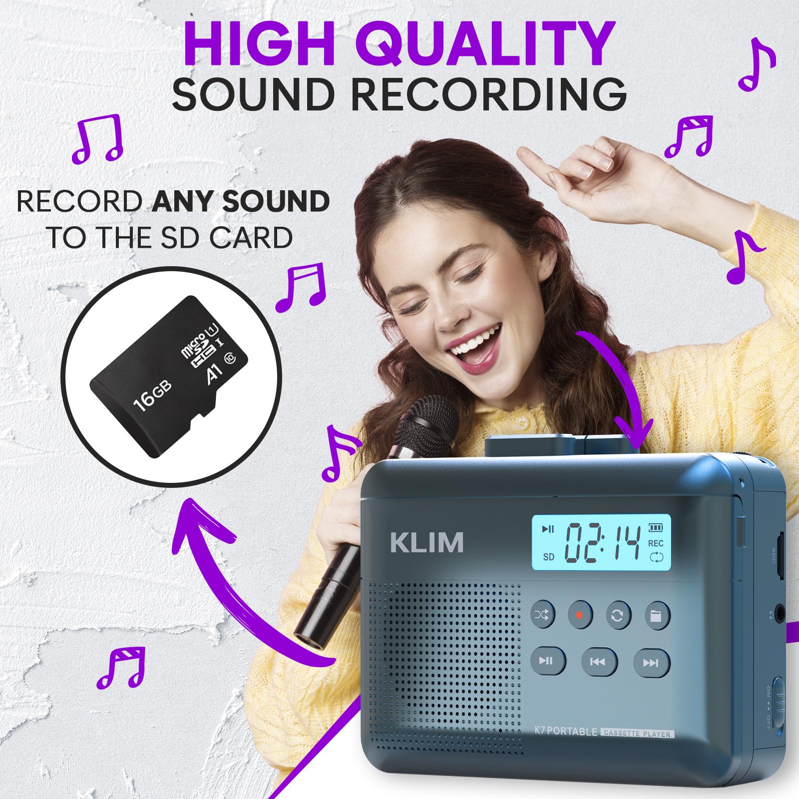 KLIM K7 Cassette Tape Player - Cassette to MP3 Converter - Portable - Built-in Microphone & Speaker - Rechargeable Battery - Earphones - 16GB SD Card - Blue - Image 4