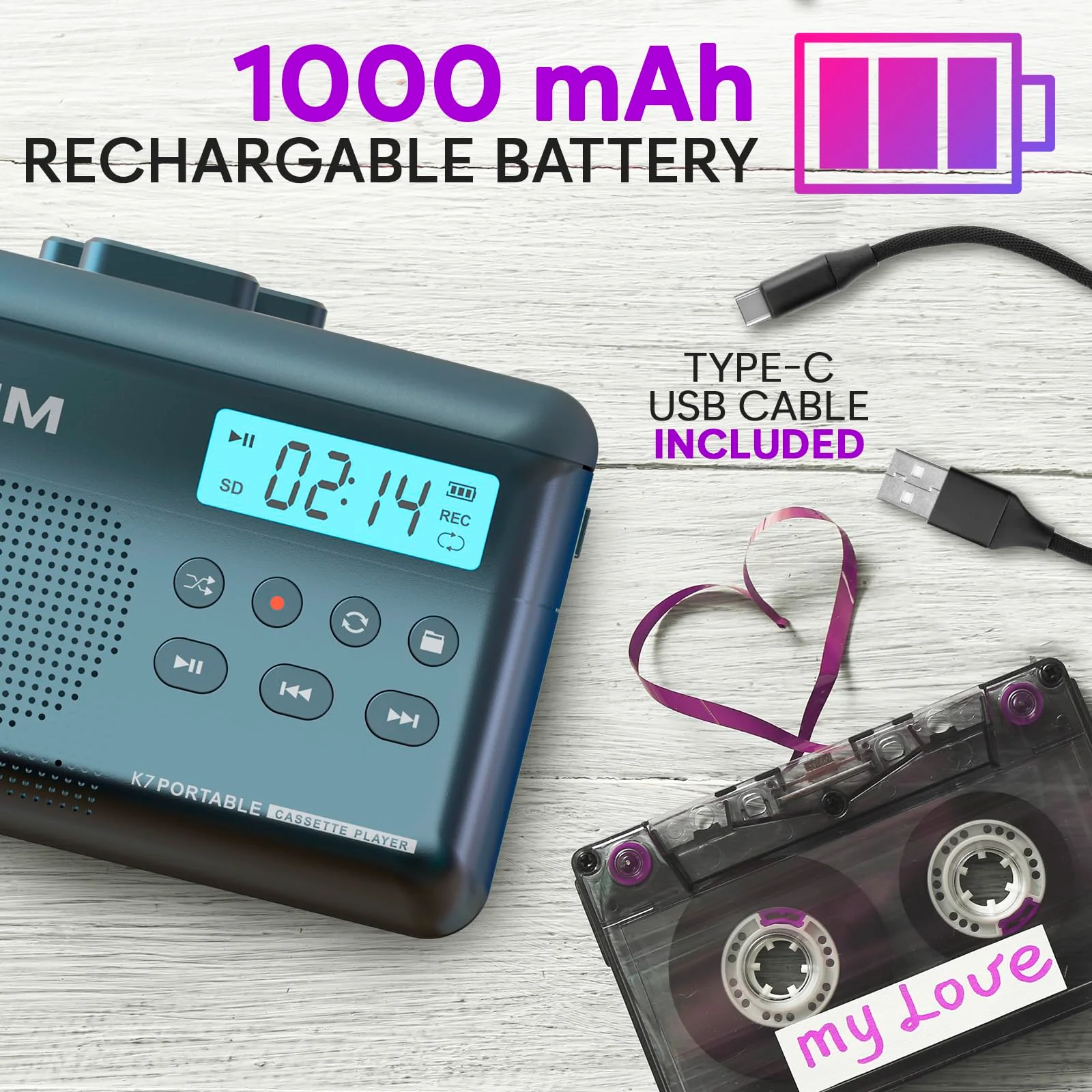 KLIM K7 Cassette Tape Player - Cassette to MP3 Converter - Portable - Built-in Microphone & Speaker - Rechargeable Battery - Earphones - 16GB SD Card - Blue - Image 5