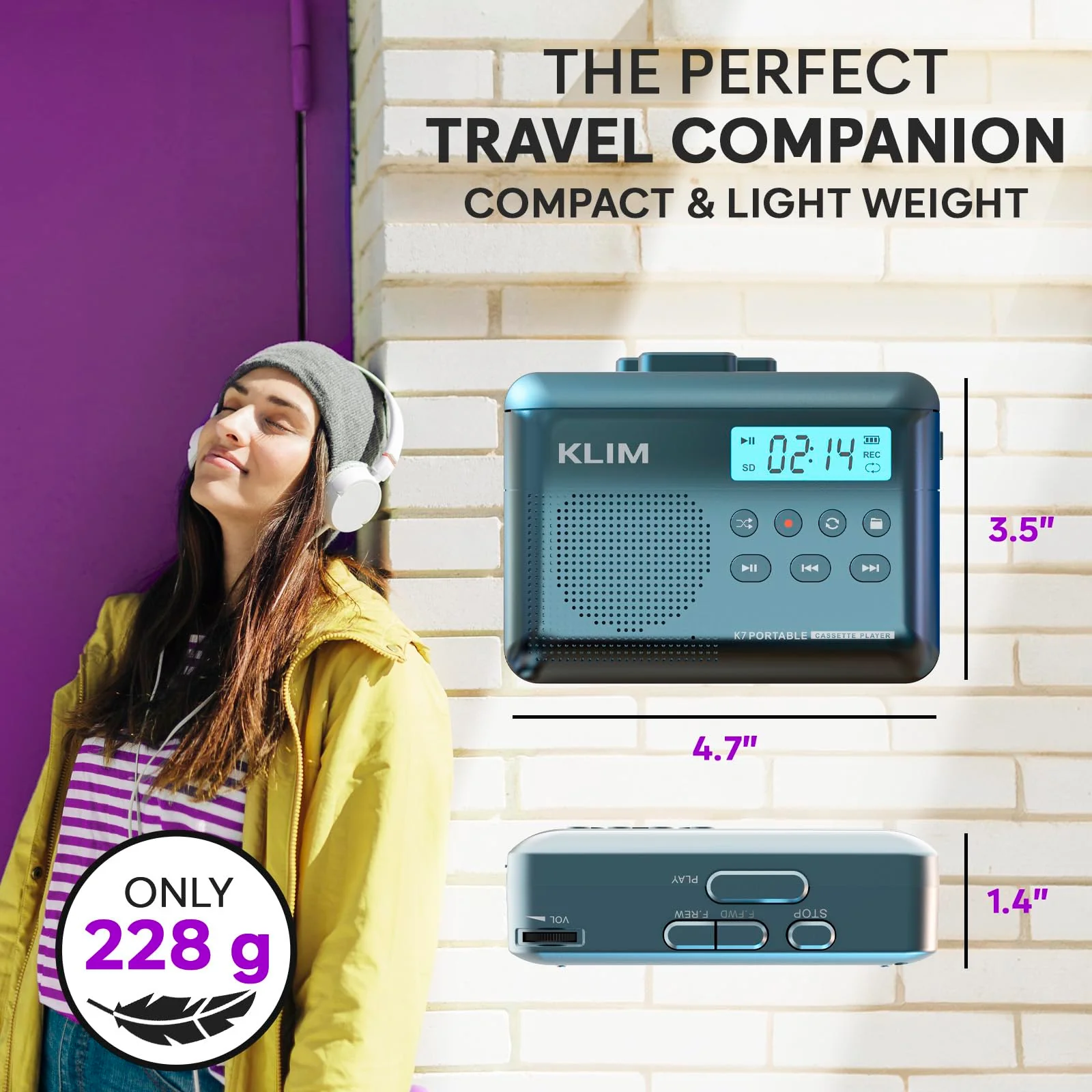 KLIM K7 Cassette Tape Player - Cassette to MP3 Converter - Portable - Built-in Microphone & Speaker - Rechargeable Battery - Earphones - 16GB SD Card - Blue - Image 7
