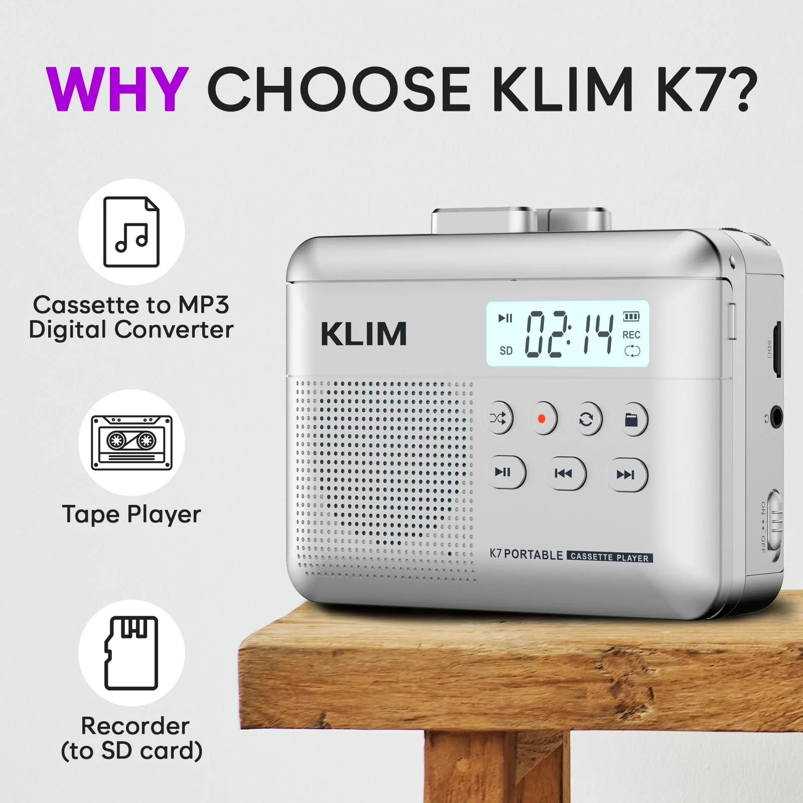 KLIM K7 Cassette Tape Player - Cassette to MP3 Converter - Portable - Built-in Microphone & Speaker - Rechargeable Battery - Earphones - 16GB SD Card - Silver - Image 2