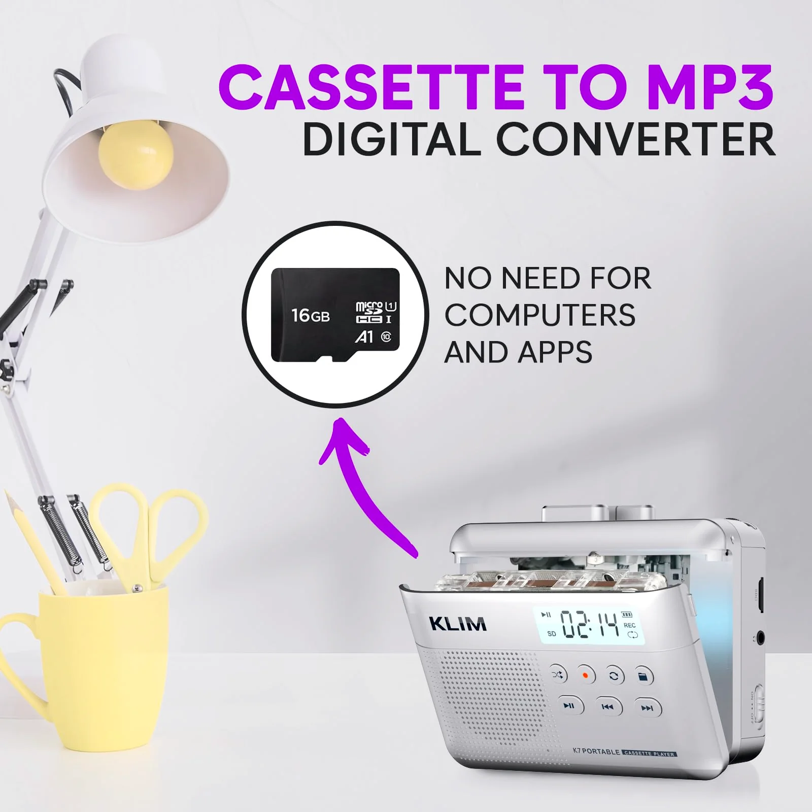 KLIM K7 Cassette Tape Player - Cassette to MP3 Converter - Portable - Built-in Microphone & Speaker - Rechargeable Battery - Earphones - 16GB SD Card - Silver - Image 3