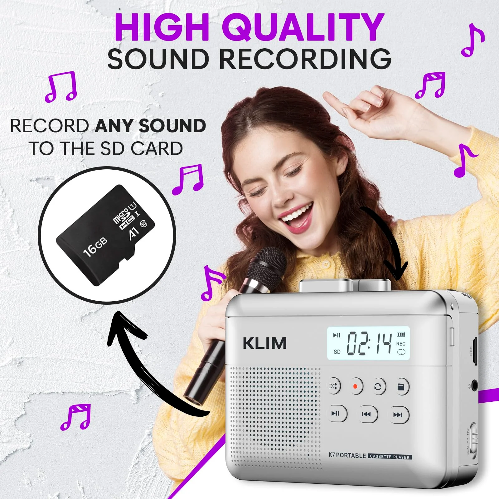 KLIM K7 Cassette Tape Player - Cassette to MP3 Converter - Portable - Built-in Microphone & Speaker - Rechargeable Battery - Earphones - 16GB SD Card - Silver - Image 4