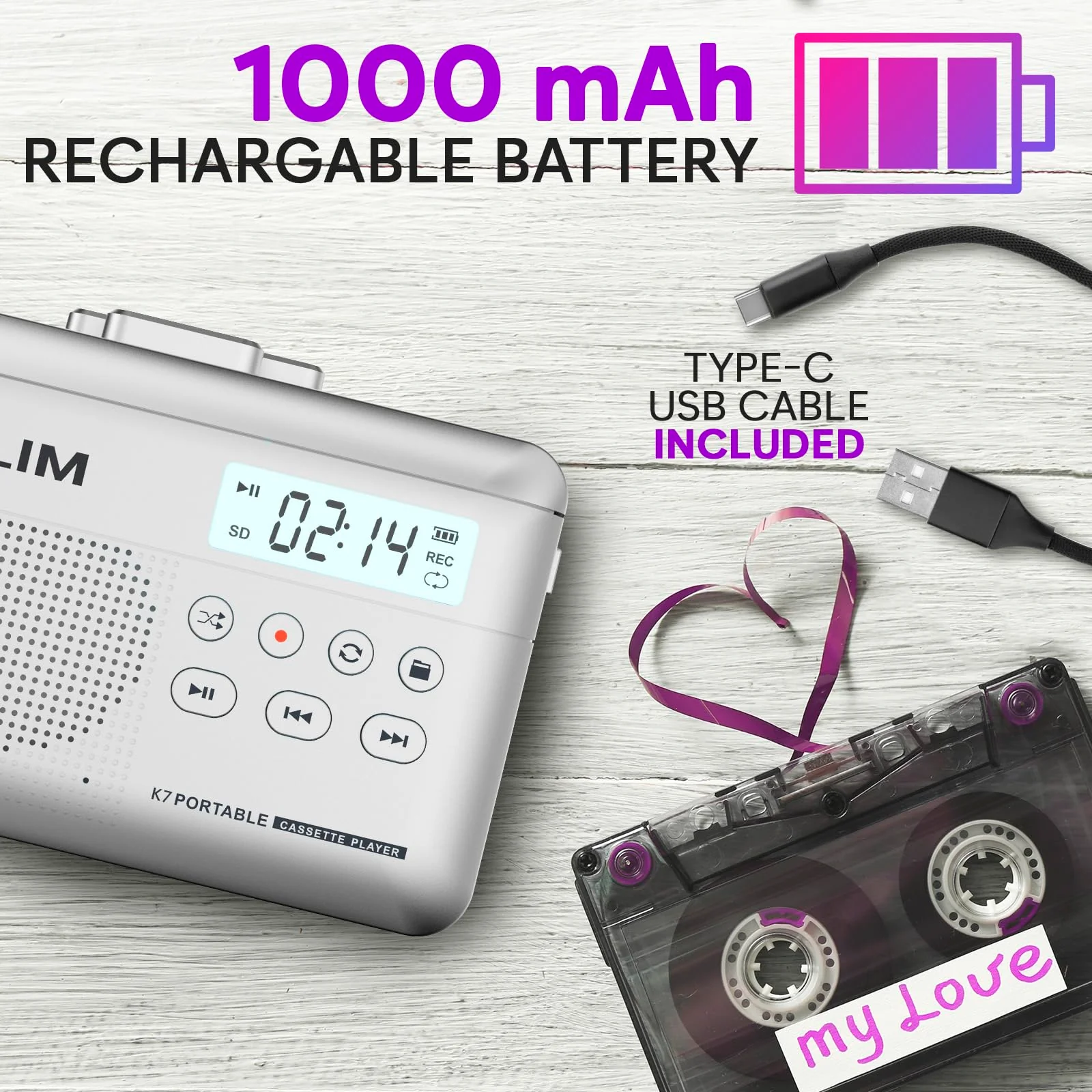 KLIM K7 Cassette Tape Player - Cassette to MP3 Converter - Portable - Built-in Microphone & Speaker - Rechargeable Battery - Earphones - 16GB SD Card - Silver - Image 5