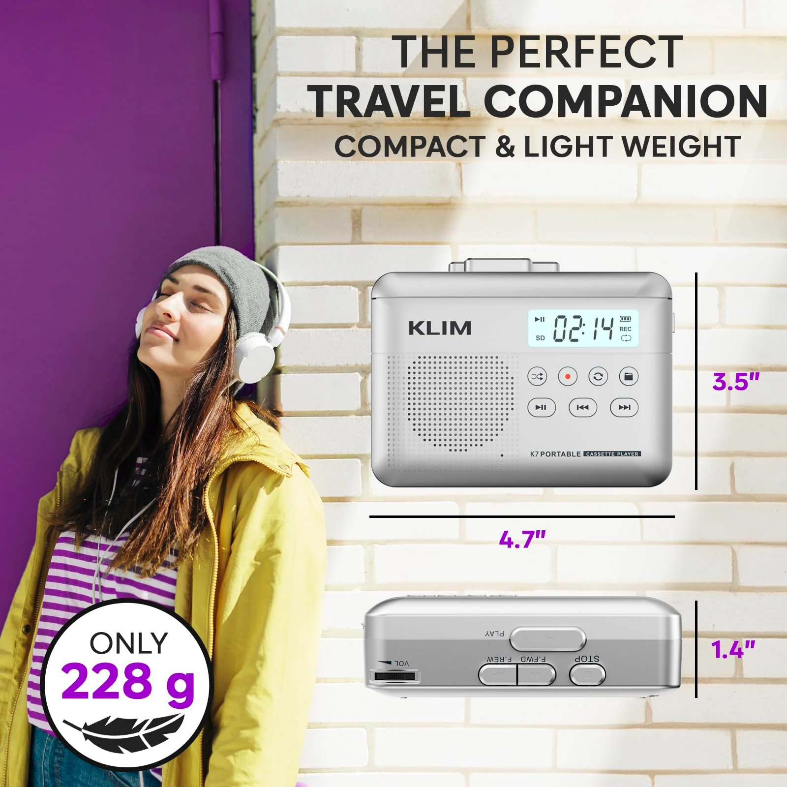 KLIM K7 Cassette Tape Player - Cassette to MP3 Converter - Portable - Built-in Microphone & Speaker - Rechargeable Battery - Earphones - 16GB SD Card - Silver - Image 7