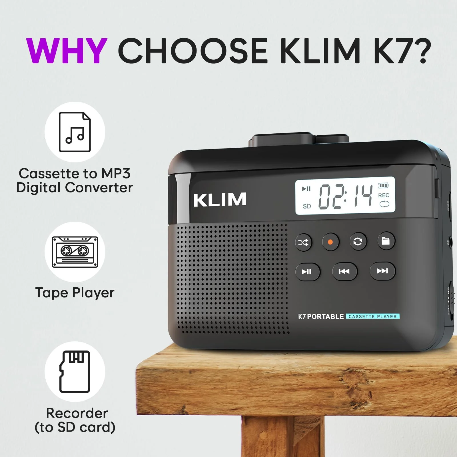 KLIM K7 Cassette Tape Player + Cassette to MP3 Converter + Portable Cassette Player + Built-in Microphone & Speaker + Rechargeable Battery + Earphones + 8GB SD Card 8GB Black - Image 2