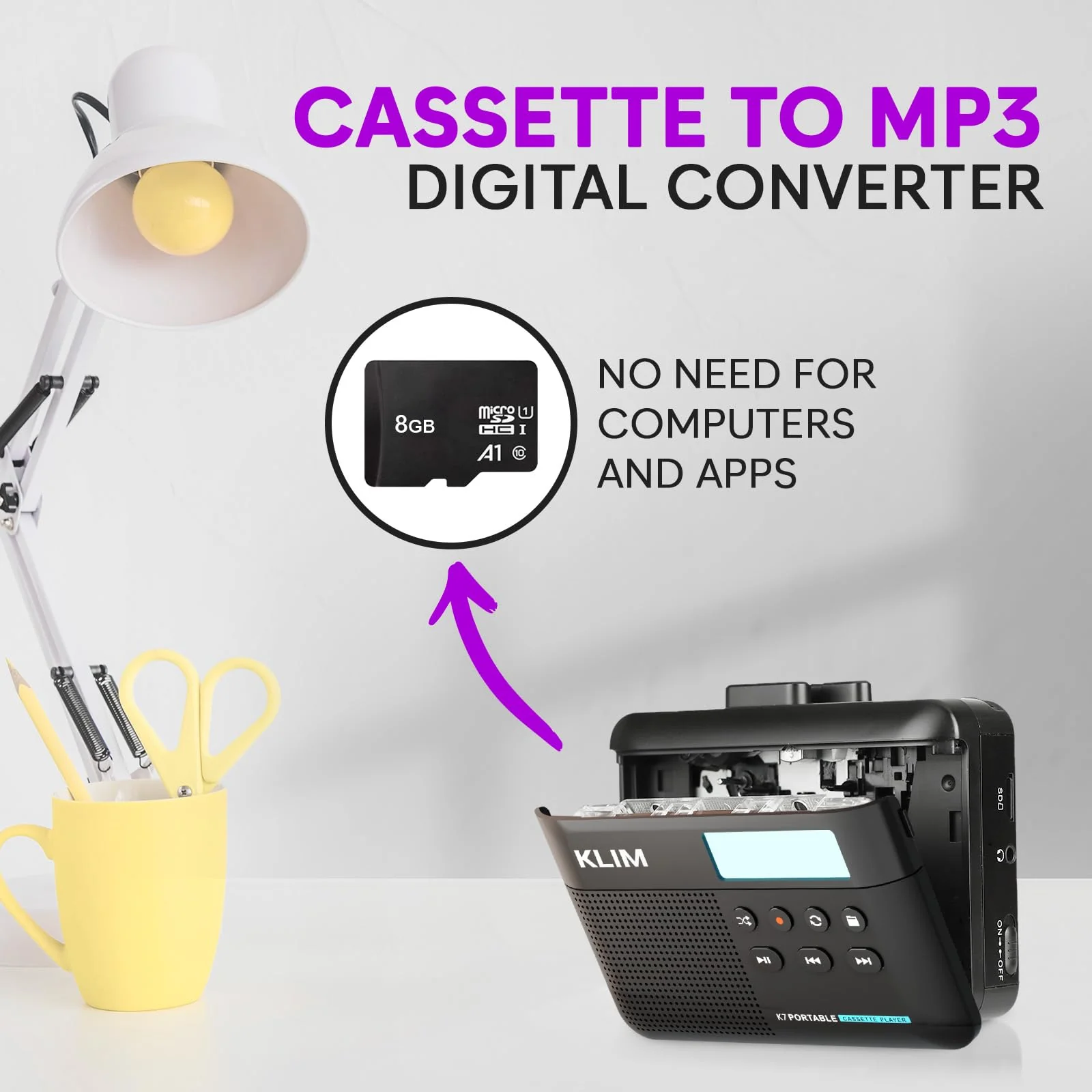 KLIM K7 Cassette Tape Player + Cassette to MP3 Converter + Portable Cassette Player + Built-in Microphone & Speaker + Rechargeable Battery + Earphones + 8GB SD Card 8GB Black - Image 3