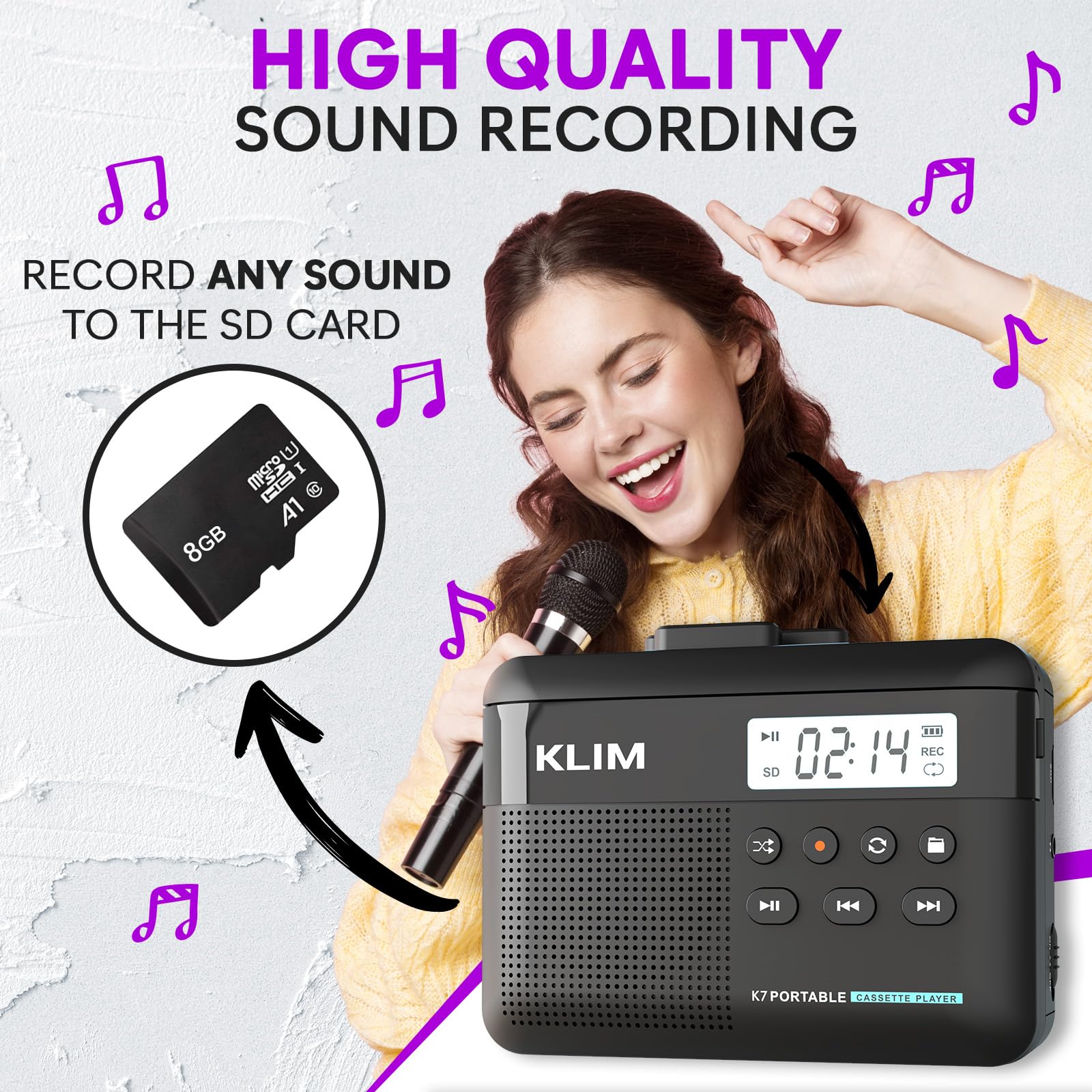 KLIM K7 Cassette Tape Player + Cassette to MP3 Converter + Portable Cassette Player + Built-in Microphone & Speaker + Rechargeable Battery + Earphones + 8GB SD Card 8GB Black - Image 4