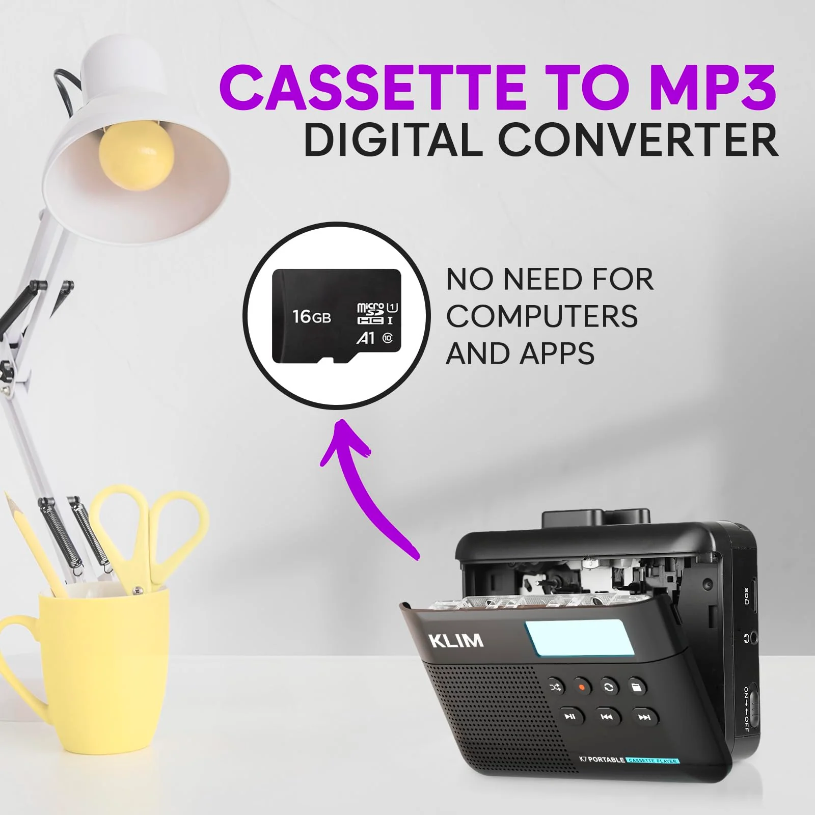 KLIM K7 Cassette Tape Player with Fusion Earphones - Cassette to MP3 Converter - Portable - Built-in Microphone & Speaker - Rechargeable Battery - Earphones - 16GB SD Card - Black Black- Fusion White - Image 3