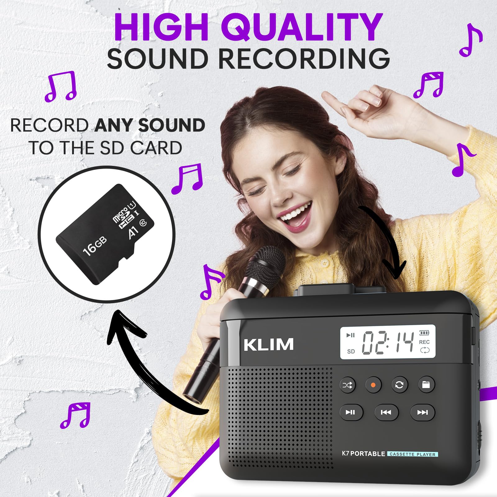KLIM K7 Cassette Tape Player with Fusion Earphones - Cassette to MP3 Converter - Portable - Built-in Microphone & Speaker - Rechargeable Battery - Earphones - 16GB SD Card - Black Black- Fusion White - Image 4