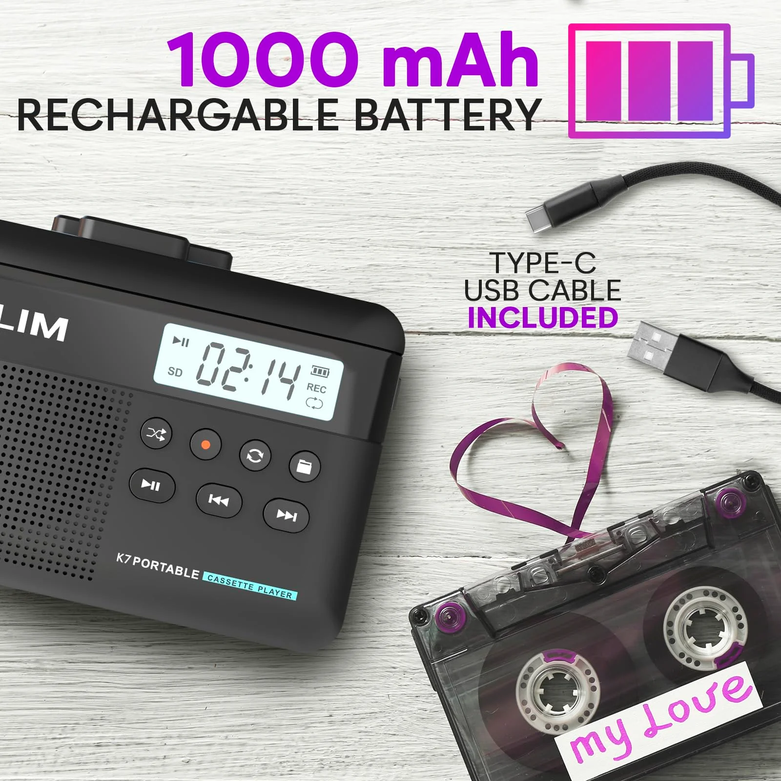 KLIM K7 Cassette Tape Player with Fusion Earphones - Cassette to MP3 Converter - Portable - Built-in Microphone & Speaker - Rechargeable Battery - Earphones - 16GB SD Card - Black Black- Fusion White - Image 5