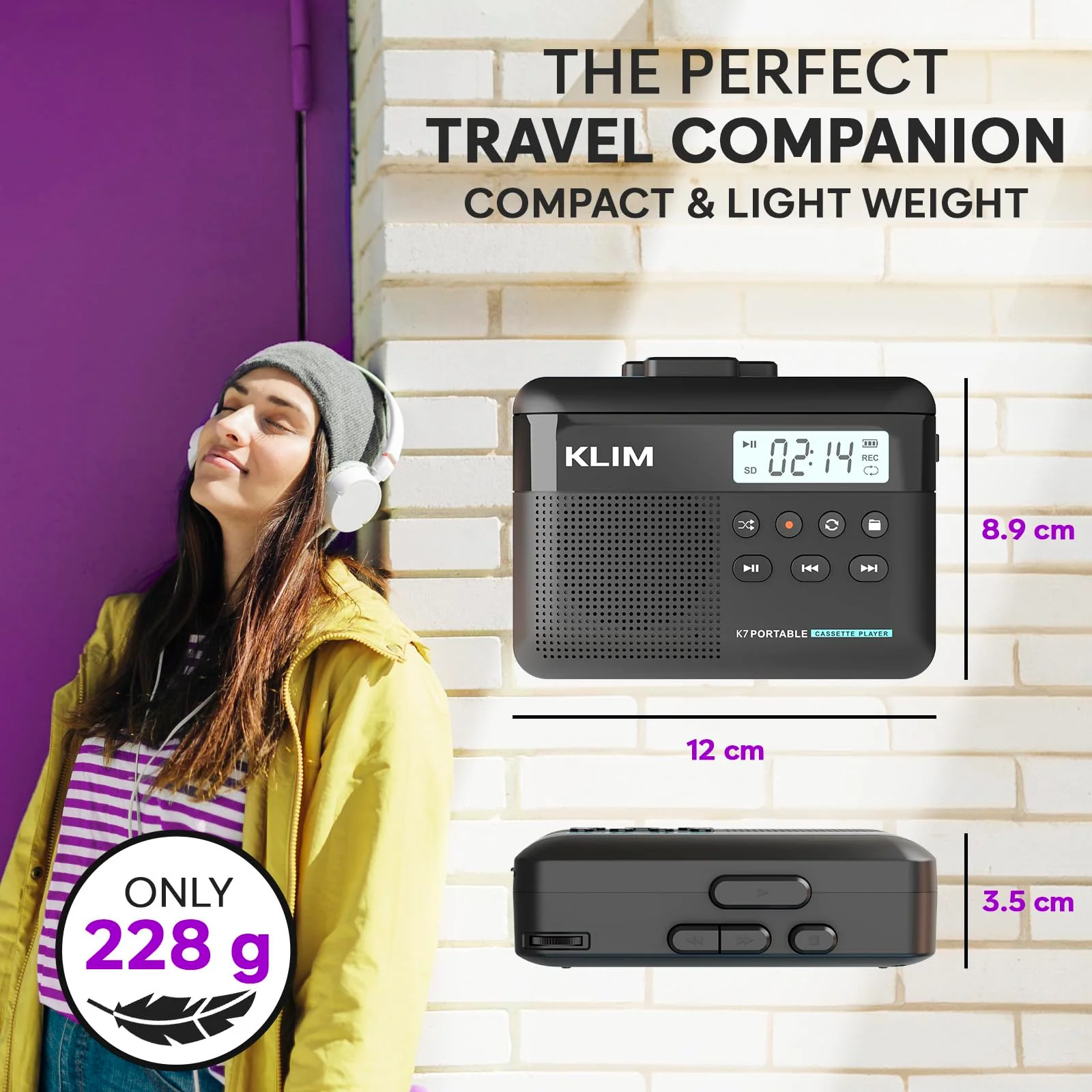 KLIM K7 Cassette Tape Player with Fusion Earphones - Cassette to MP3 Converter - Portable - Built-in Microphone & Speaker - Rechargeable Battery - Earphones - 16GB SD Card - Black Black- Fusion White - Image 7
