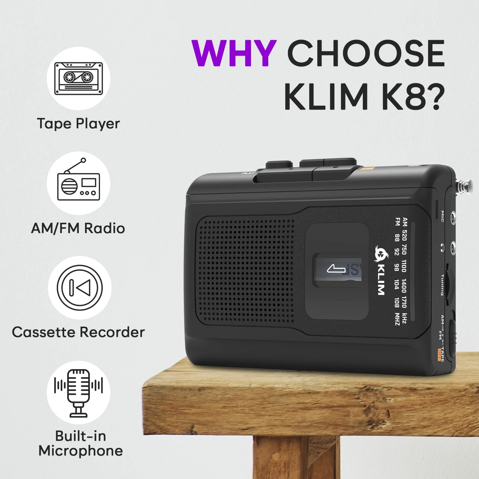 KLIM K8 Cassette Tape Player Portable + Cassette Recorder + NEW + AM/FM Walkman Cassette Player + Built-in Microphone & Speaker + Headphone Jack & Earphones Black - Image 2