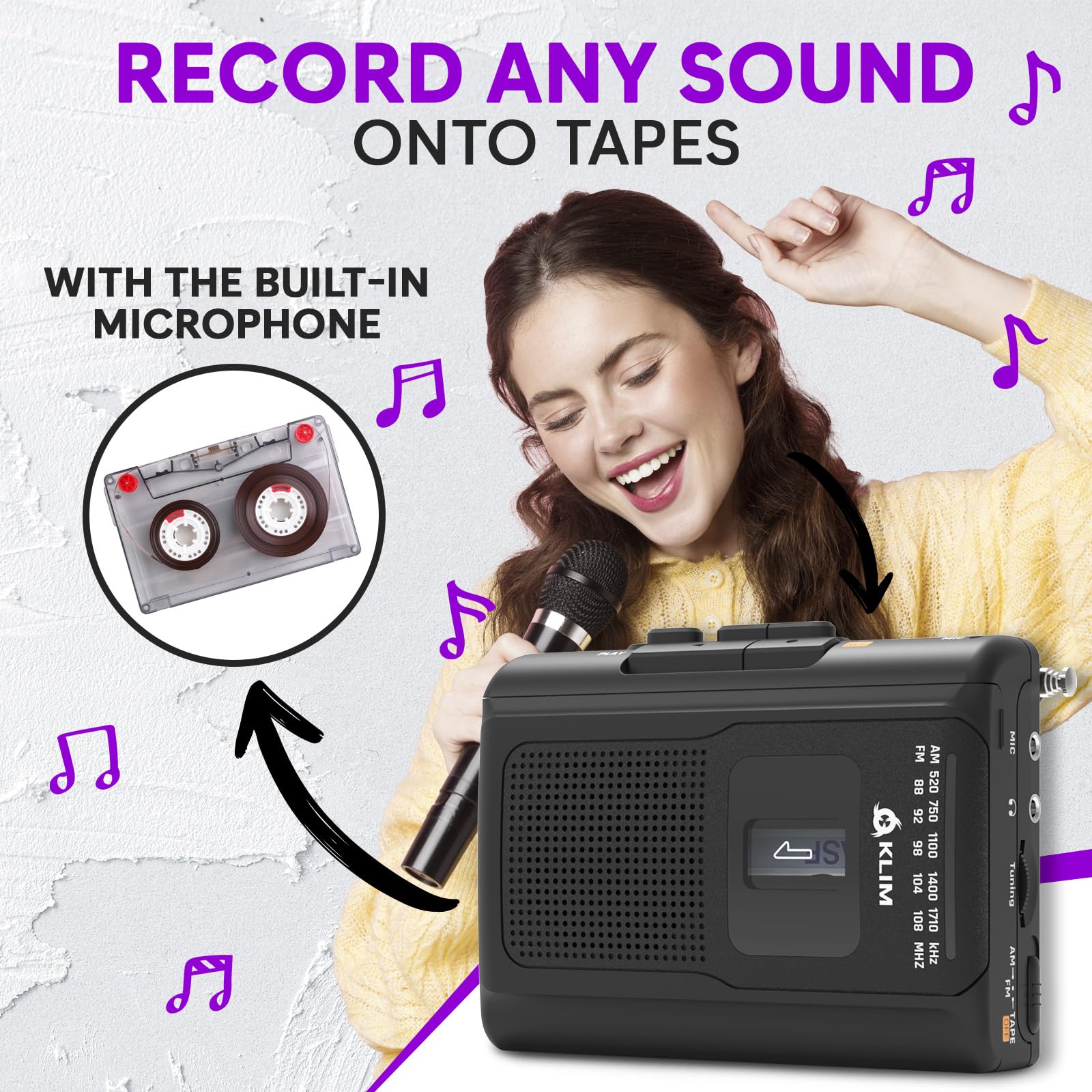 KLIM K8 Cassette Tape Player Portable + Cassette Recorder + NEW + AM/FM Walkman Cassette Player + Built-in Microphone & Speaker + Headphone Jack & Earphones Black - Image 4