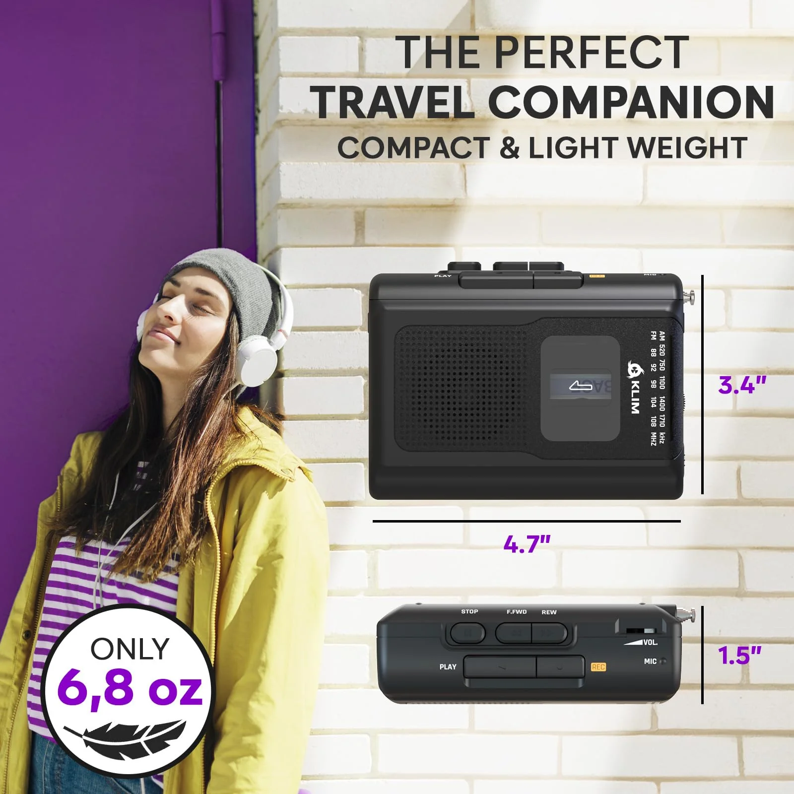KLIM K8 Cassette Tape Player Portable + Cassette Recorder + NEW + AM/FM Walkman Cassette Player + Built-in Microphone & Speaker + Headphone Jack & Earphones Black - Image 7