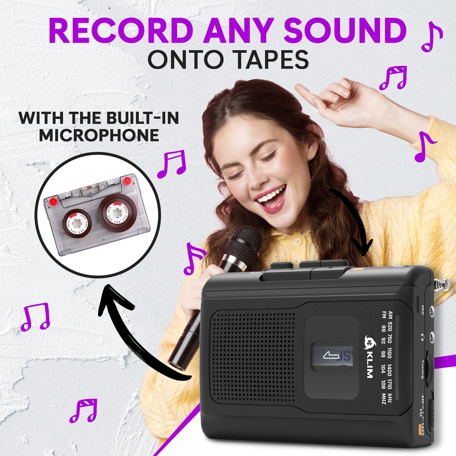KLIM K8 Cassette Tape Player Portable with Fusion Headphones - Cassette Recorder - NEW Version - AM/FM - Built-in Microphone & Speaker - Headphone Jack & Earphones - Black - Image 4