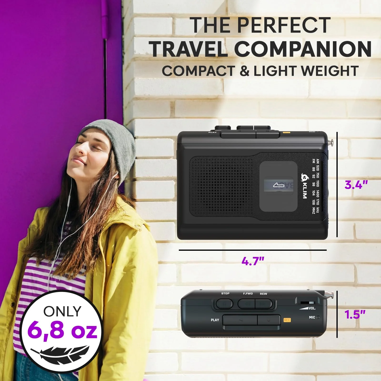 KLIM K8 Cassette Tape Player Portable with Fusion Headphones - Cassette Recorder - NEW Version - AM/FM - Built-in Microphone & Speaker - Headphone Jack & Earphones - Black - Image 7
