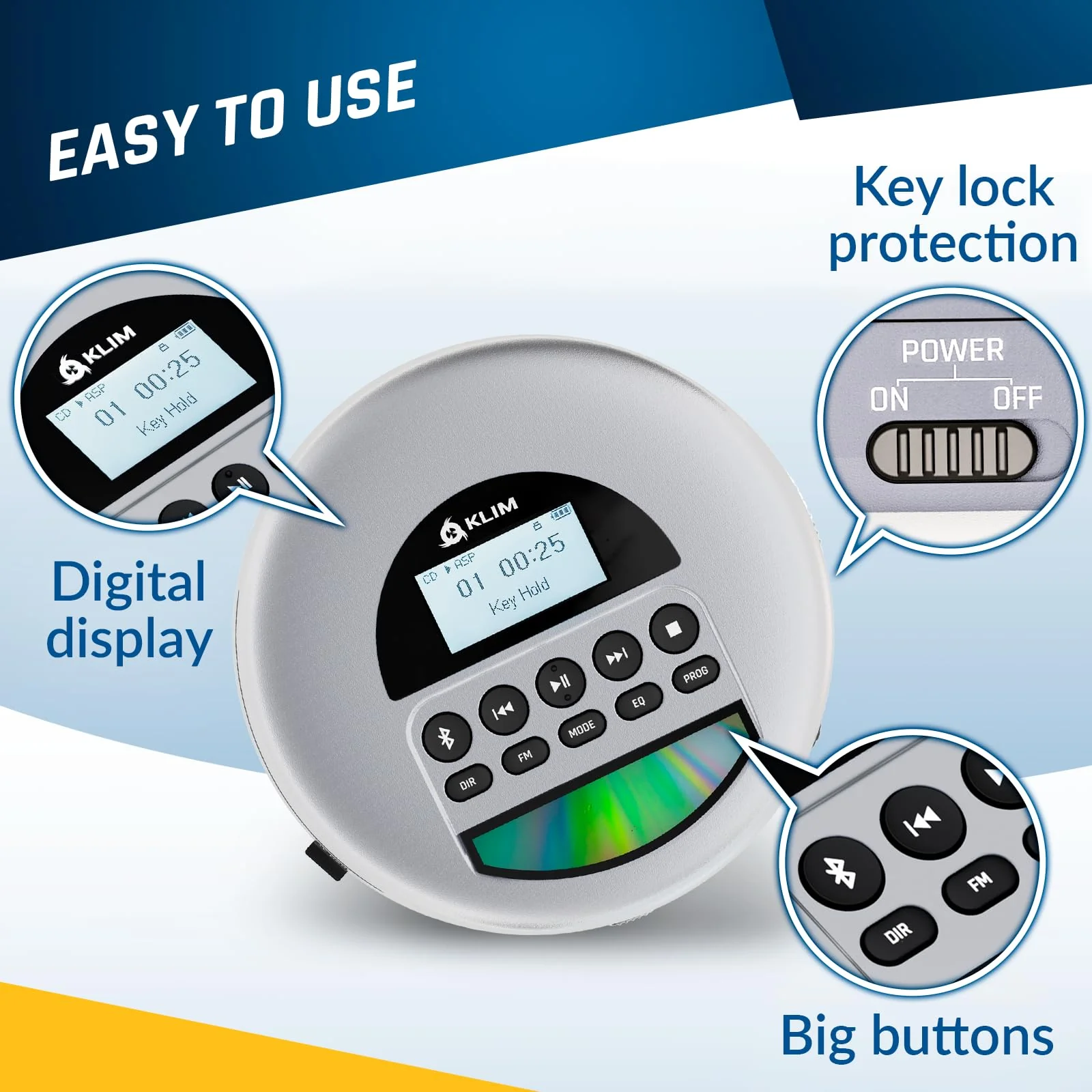 KLIM Nomad - New Version - Portable CD Player Walkman with Long-Lasting Battery - with Headphones - Radio FM - Compatible MP3 CD Player Portable - TF Card Radio FM Bluetooth - Ideal for Cars - Grey - Image 4