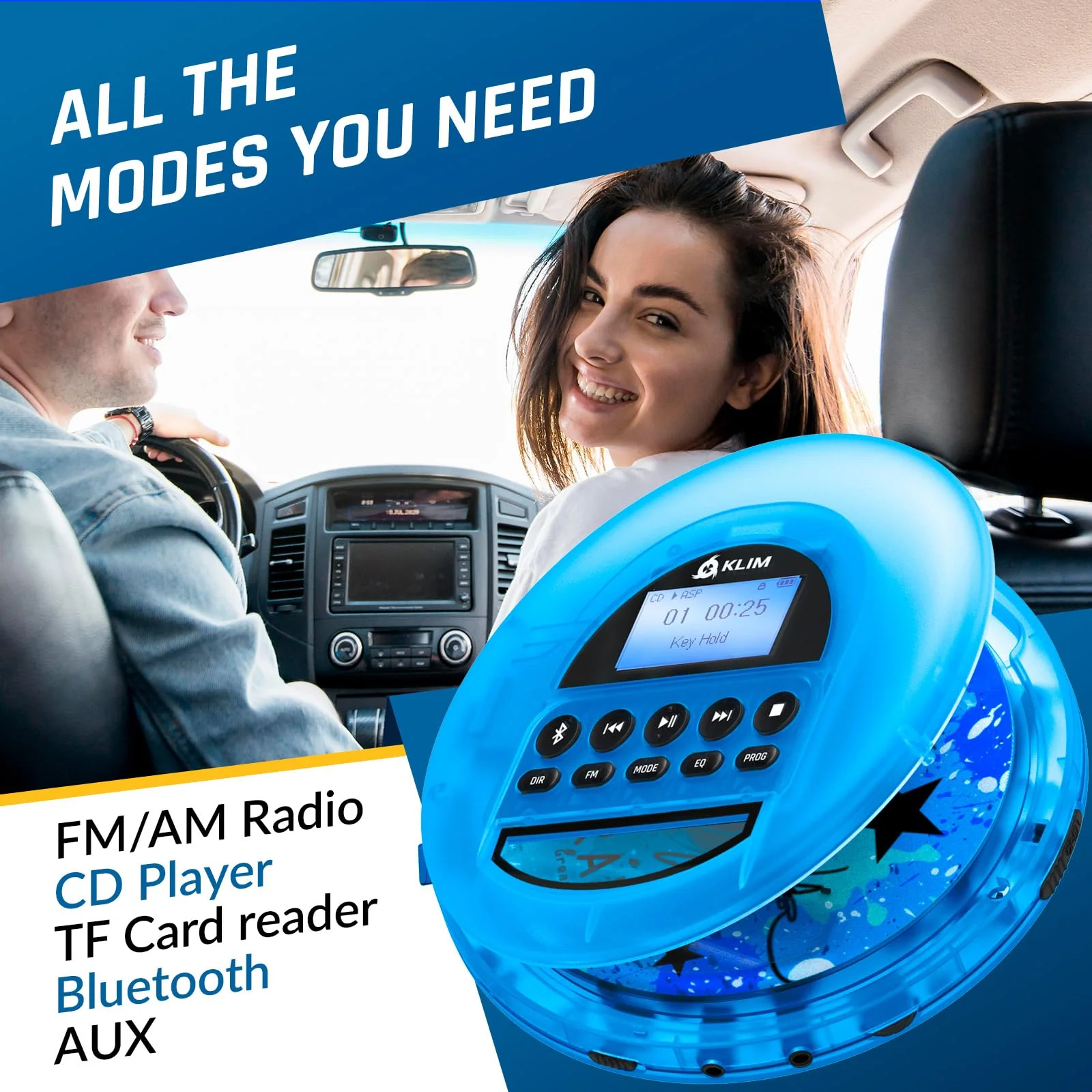 KLIM Nomad Transparent Blue - Portable CD Player Walkman with Long-Lasting Battery - Includes Headphones - Discman MP3 Player - TF Card FM Radio Bluetooth AUX - Ideal for Home, Cars - 2024 Version - Image 2