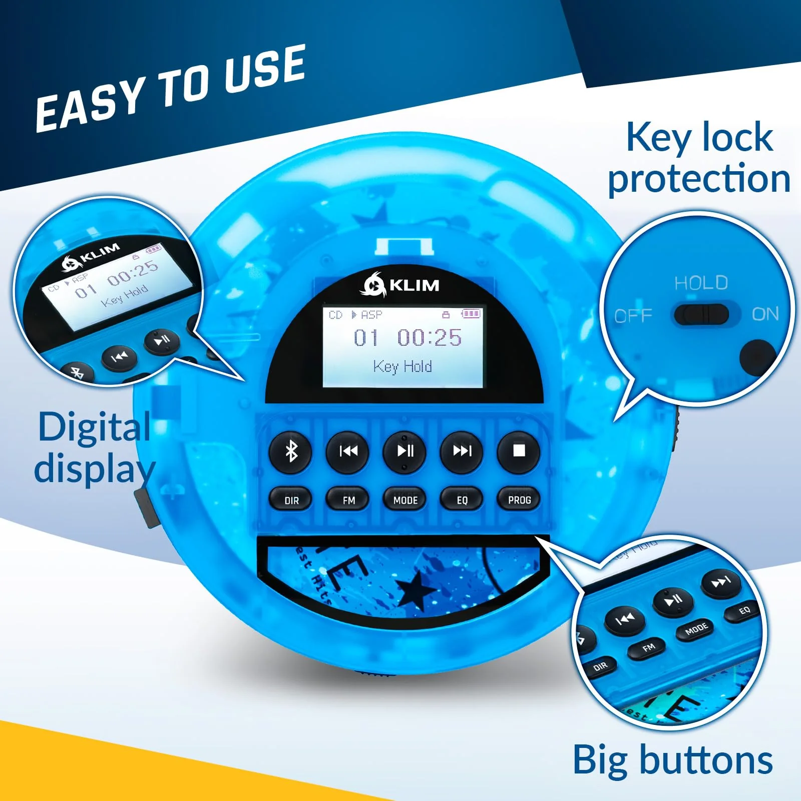 KLIM Nomad Transparent Blue - Portable CD Player Walkman with Long-Lasting Battery - Includes Headphones - Discman MP3 Player - TF Card FM Radio Bluetooth AUX - Ideal for Home, Cars - 2024 Version - Image 6