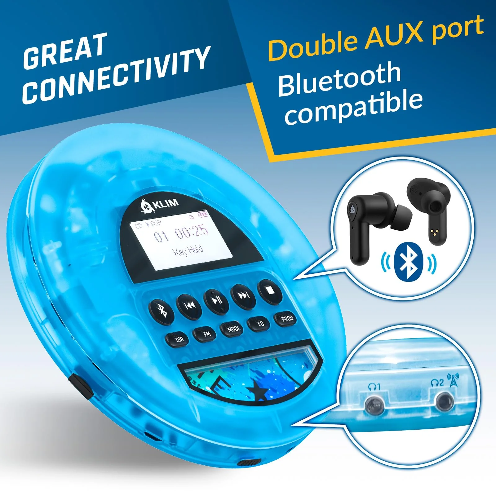 KLIM Nomad Transparent Blue - Portable CD Player Walkman with Long-Lasting Battery - Includes Headphones - Discman MP3 Player - TF Card FM Radio Bluetooth AUX - Ideal for Home, Cars - 2024 Version - Image 7