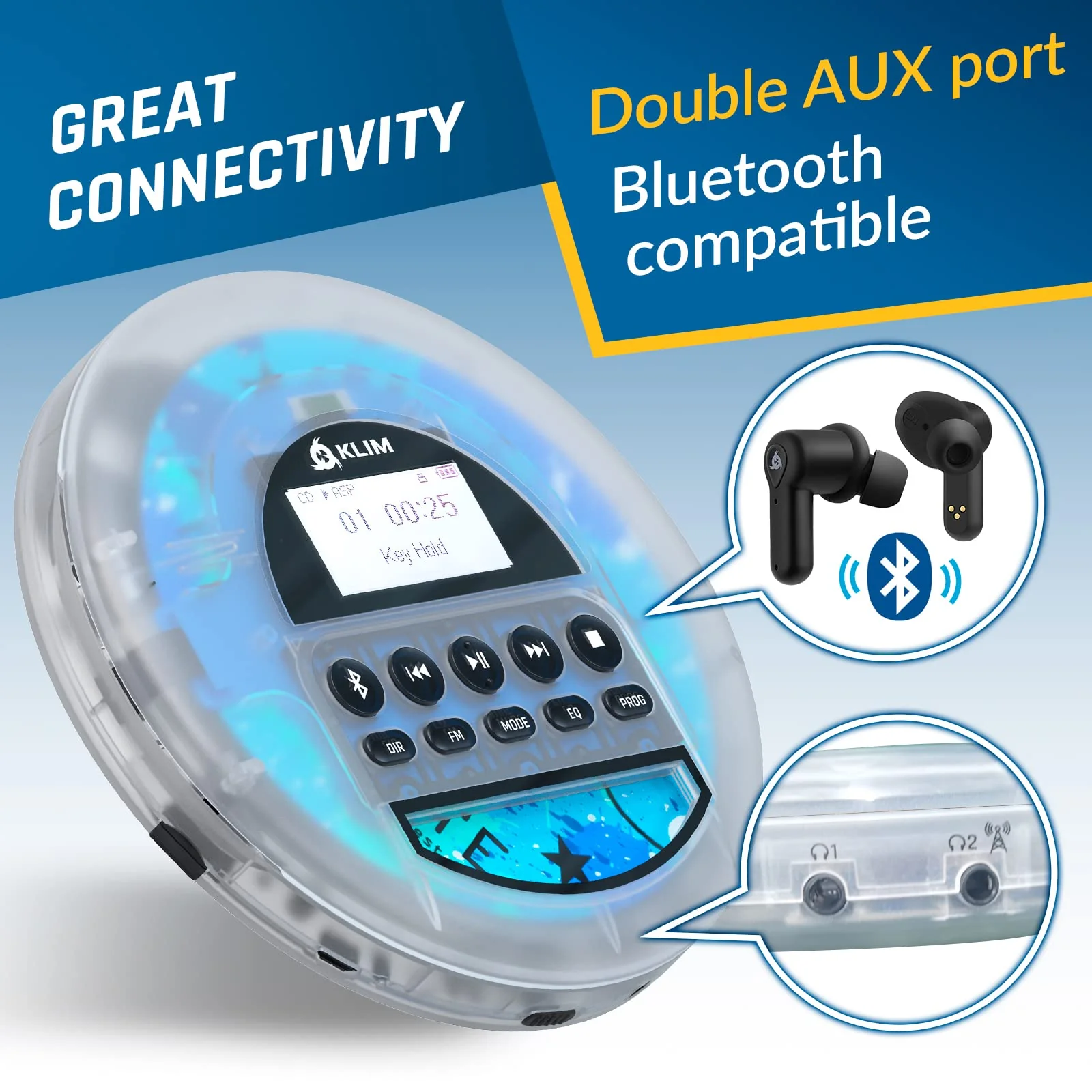 KLIM Nomad Transparent - New 2024 - Portable CD Player Walkman with Long-Lasting Battery - Includes Headphones - Radio FM - MP3 CD Player Portable - TF Card Radio FM Bluetooth - Ideal for Cars Clear - Image 7