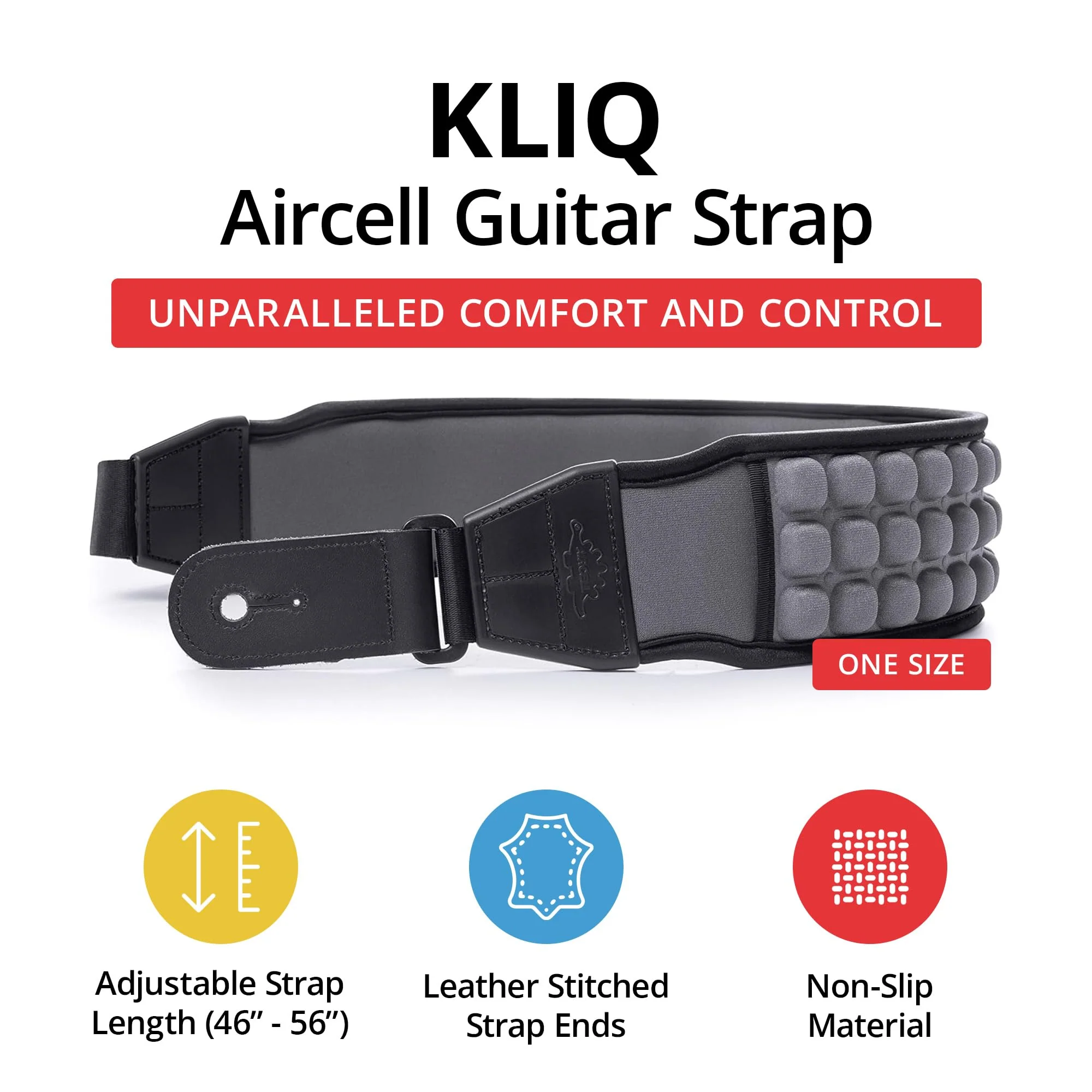KLIQ AirCell Guitar Strap for Bass & Electric Guitar with 3" Wide Neoprene Pad and Adjustable Length from 46" to 56" (Regular), Grey One Size - Image 2