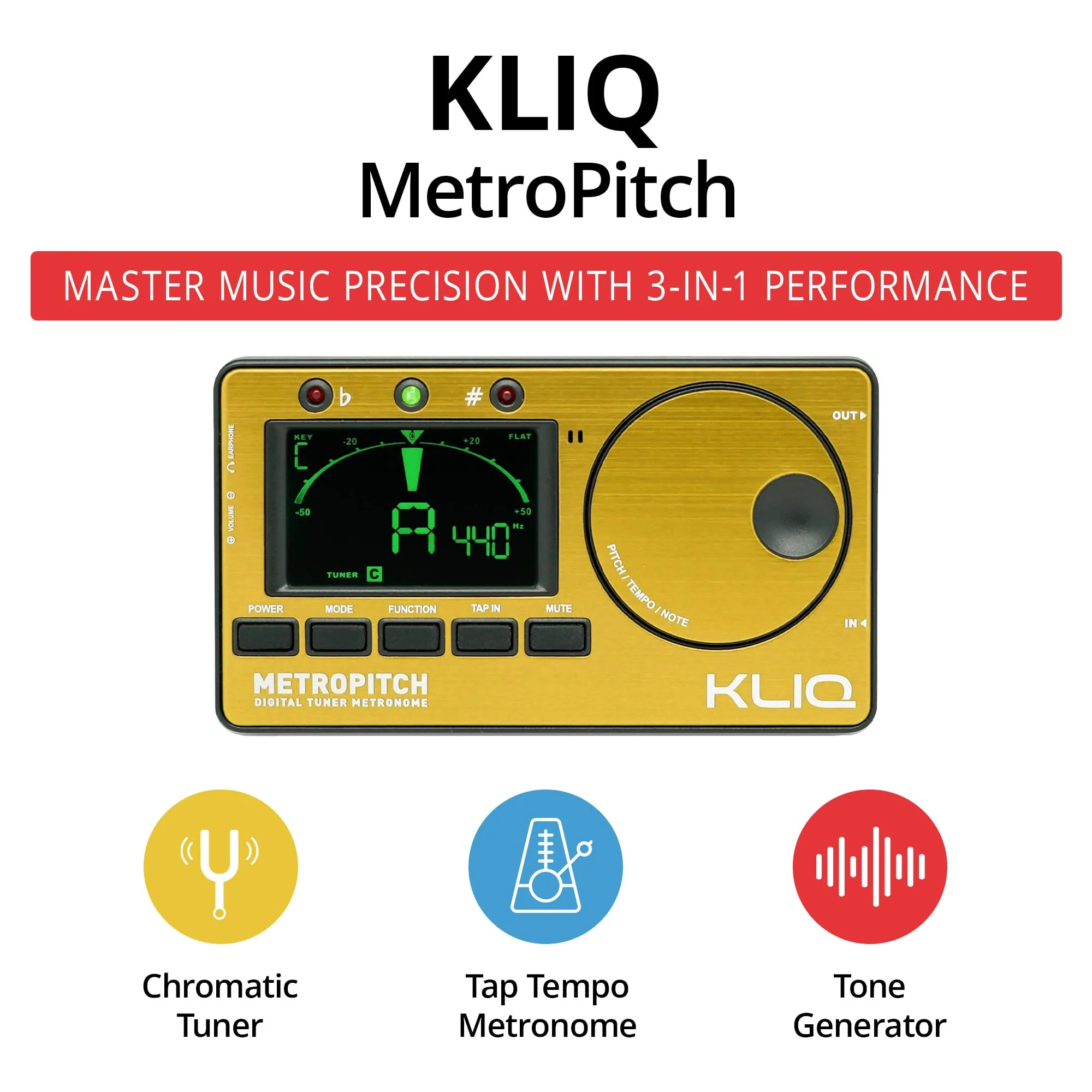 KLIQ MetroPitch - Metronome Tuner for All Instruments - with Guitar, Bass, Violin, Ukulele, and Chromatic Tuning Modes (MetroPitch, Gold) - Image 2