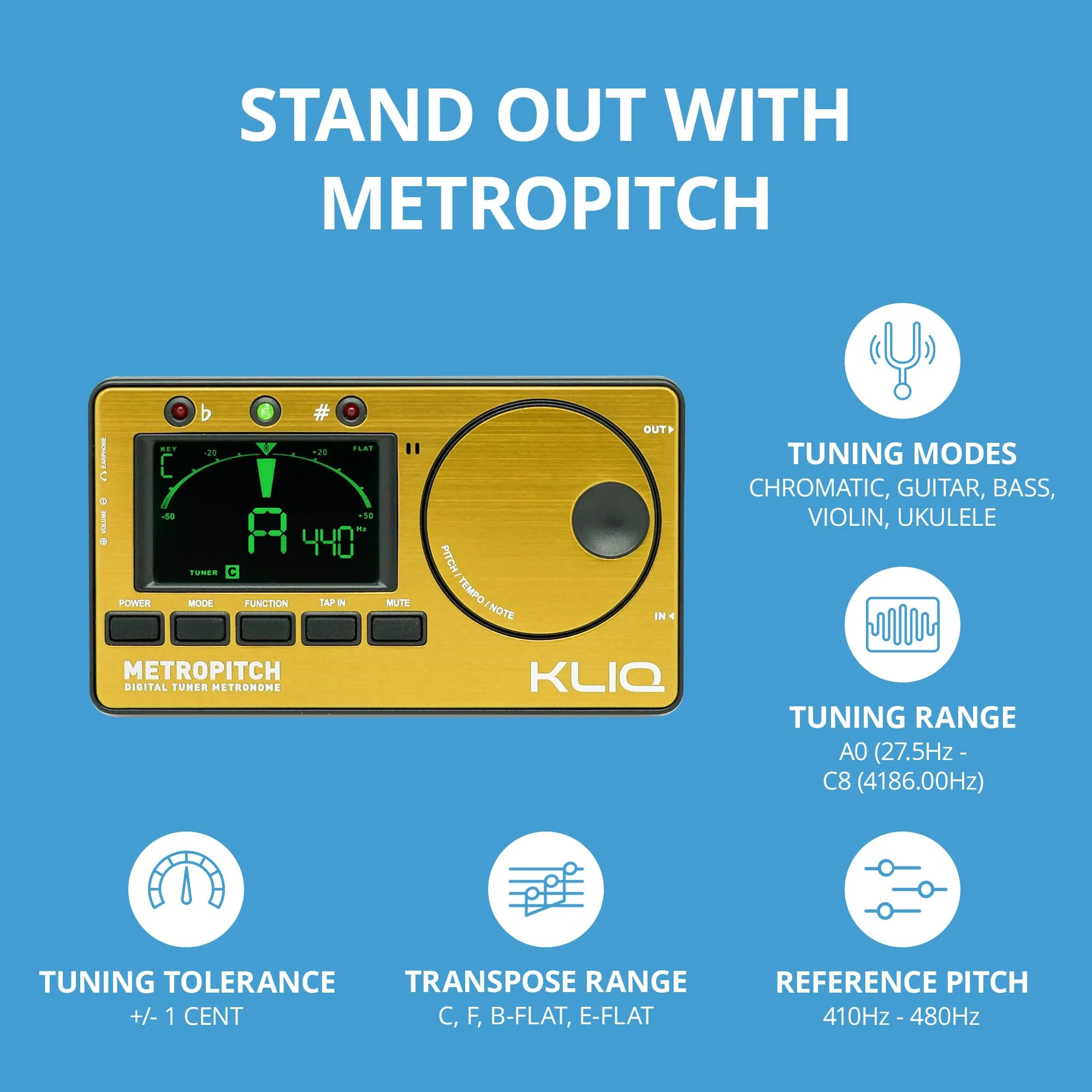 KLIQ MetroPitch - Metronome Tuner for All Instruments - with Guitar, Bass, Violin, Ukulele, and Chromatic Tuning Modes (MetroPitch, Gold) - Image 4