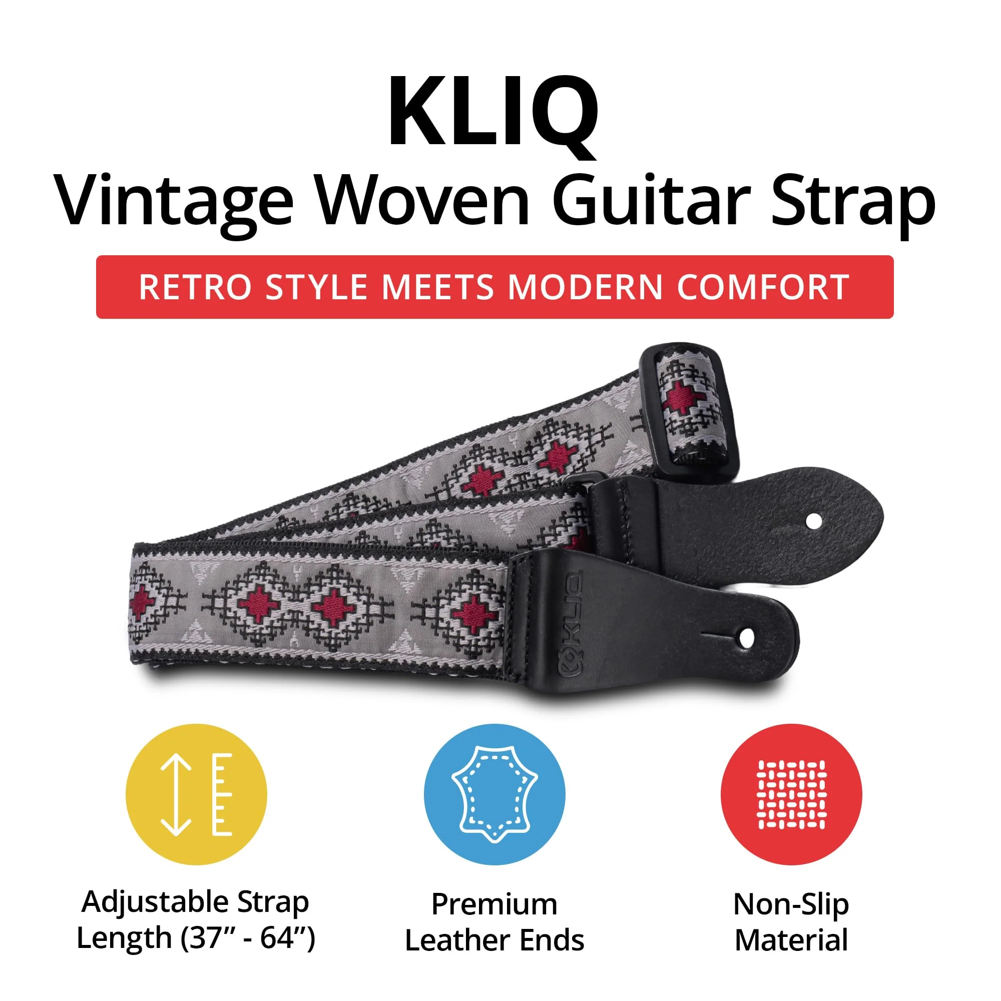KLIQ Vintage Woven Guitar Strap for Acoustic and Electric Guitars + 2 Free Rubber Strap Locks, 2 Free Guitar Picks and 1 Free Lace | '60s Jacquard Weave Hootenanny Style | Navajo Gray/Wine Regular Navajo Gray & Wine - Image 2