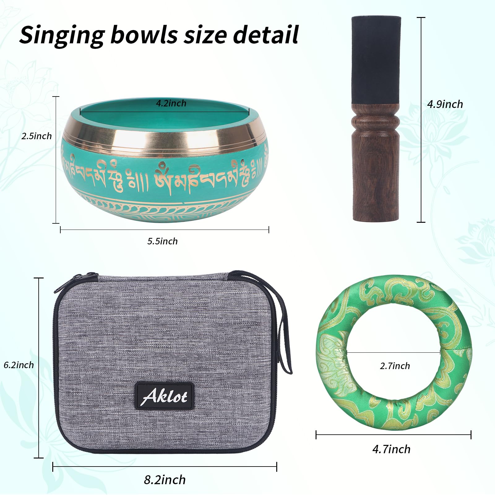 Kmise Tibetan Singing Bowls Set- Handmade in Nepal Meditation Sound Bowls for Yoga, Meditation, Mindfulness, Healing and Chakra Balancing, Stress Relief (5', Green) 5inch Green Golden Flower - Image 2