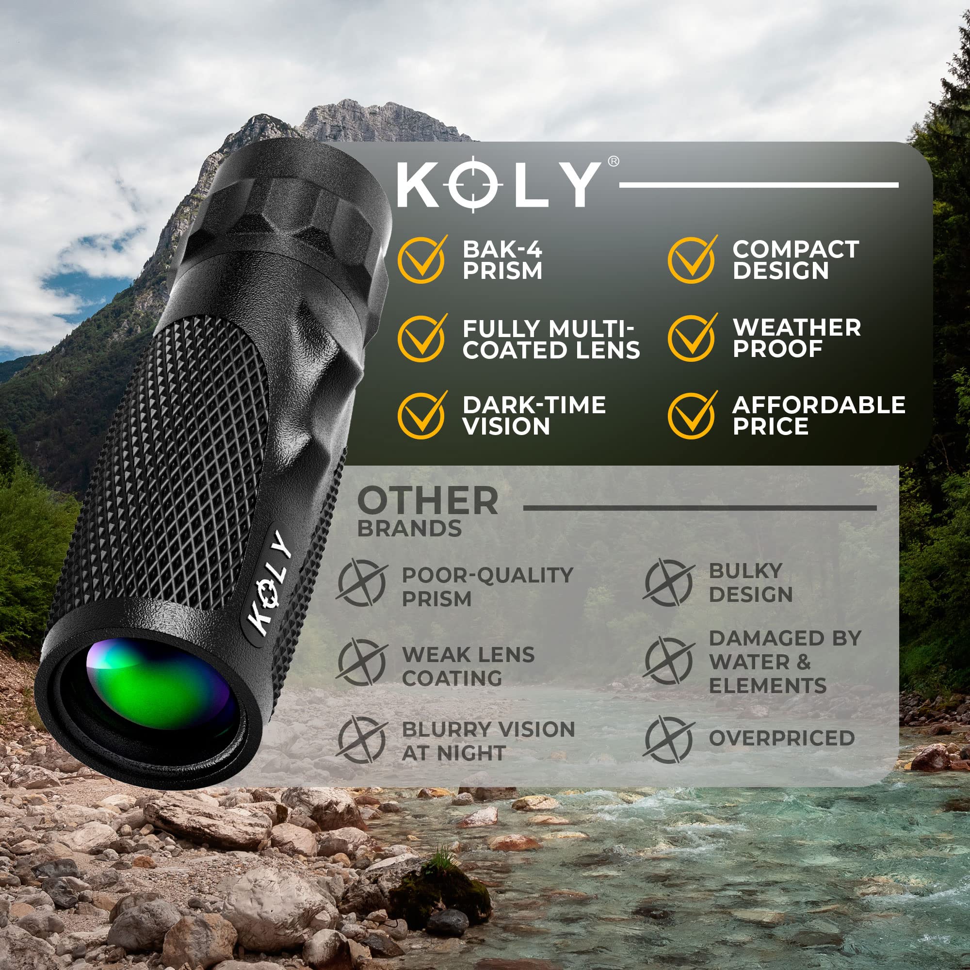 Koly BAK-4 Prism 10X25 Monocular Telescope, Compact Weather Resistant Scope with Snake Skin Grip, Designed for Bird Watching, Hiking, Hunting, Archery, and More, 10X Magnification, Black - Image 5