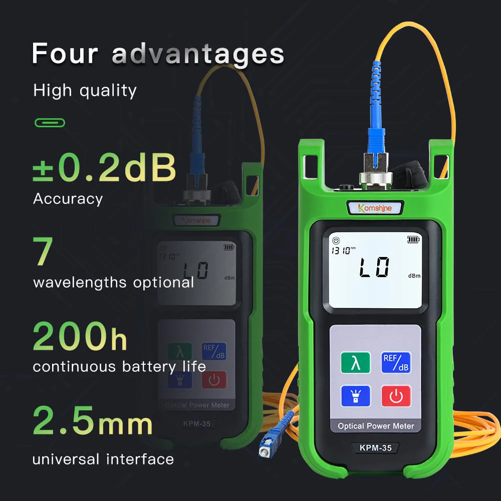Komshine KPM-35 Fiber Optic Cable Tester Portable Optical Fiber Power Meter with 7 Wavelengths 850nm-1625nm+Measurement Range -70~+10dBm+2.5mm Universal Interface+Self Calibration - Image 2