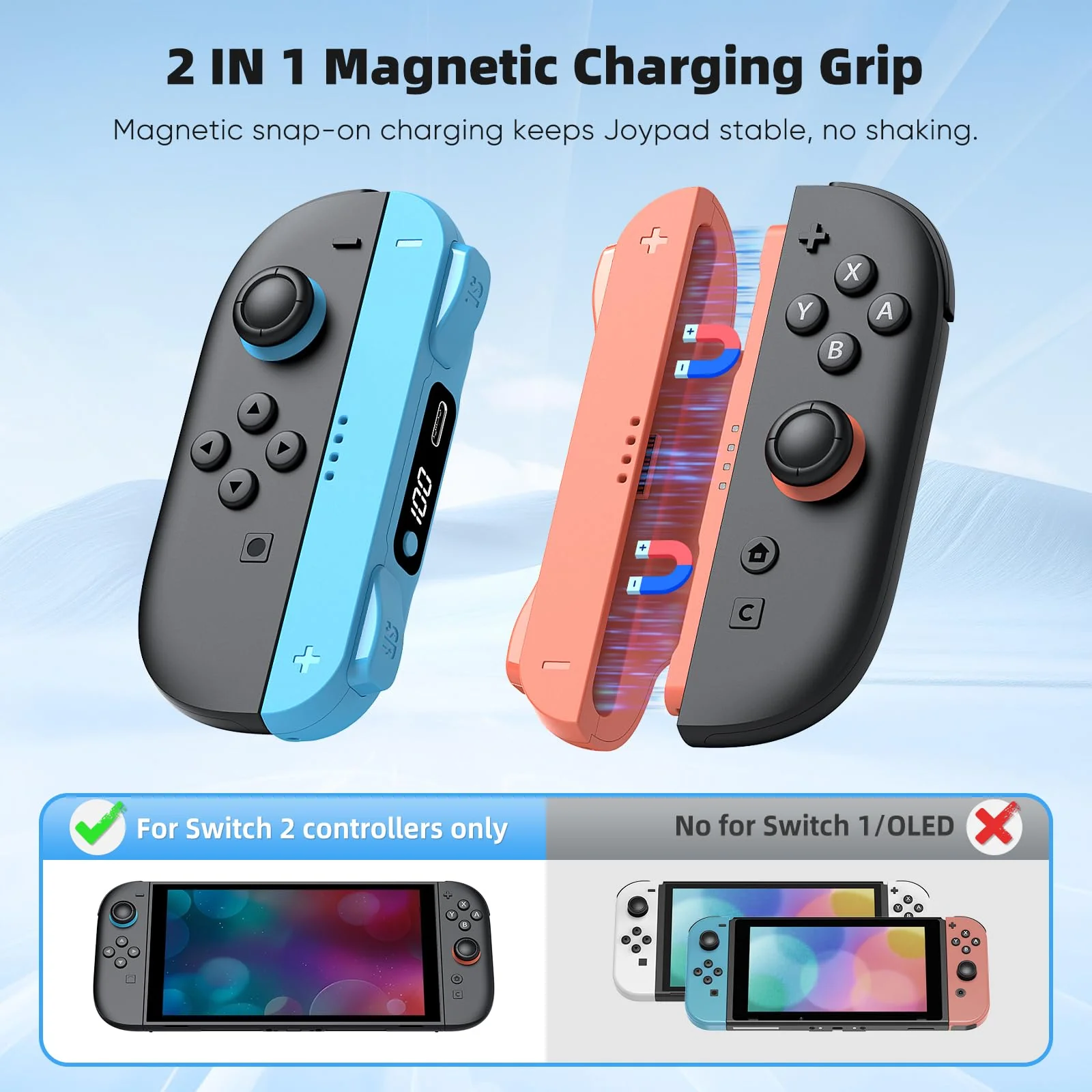 KOVA Switch 2 JoyPad Charging Grip with Built-in 3700 mWH Battery - 3.5H Fast Charging with LED Display, Enlarged SR/SL Buttons, Charging While Playing (Blue & Orange) Blue & Orange - Image 3