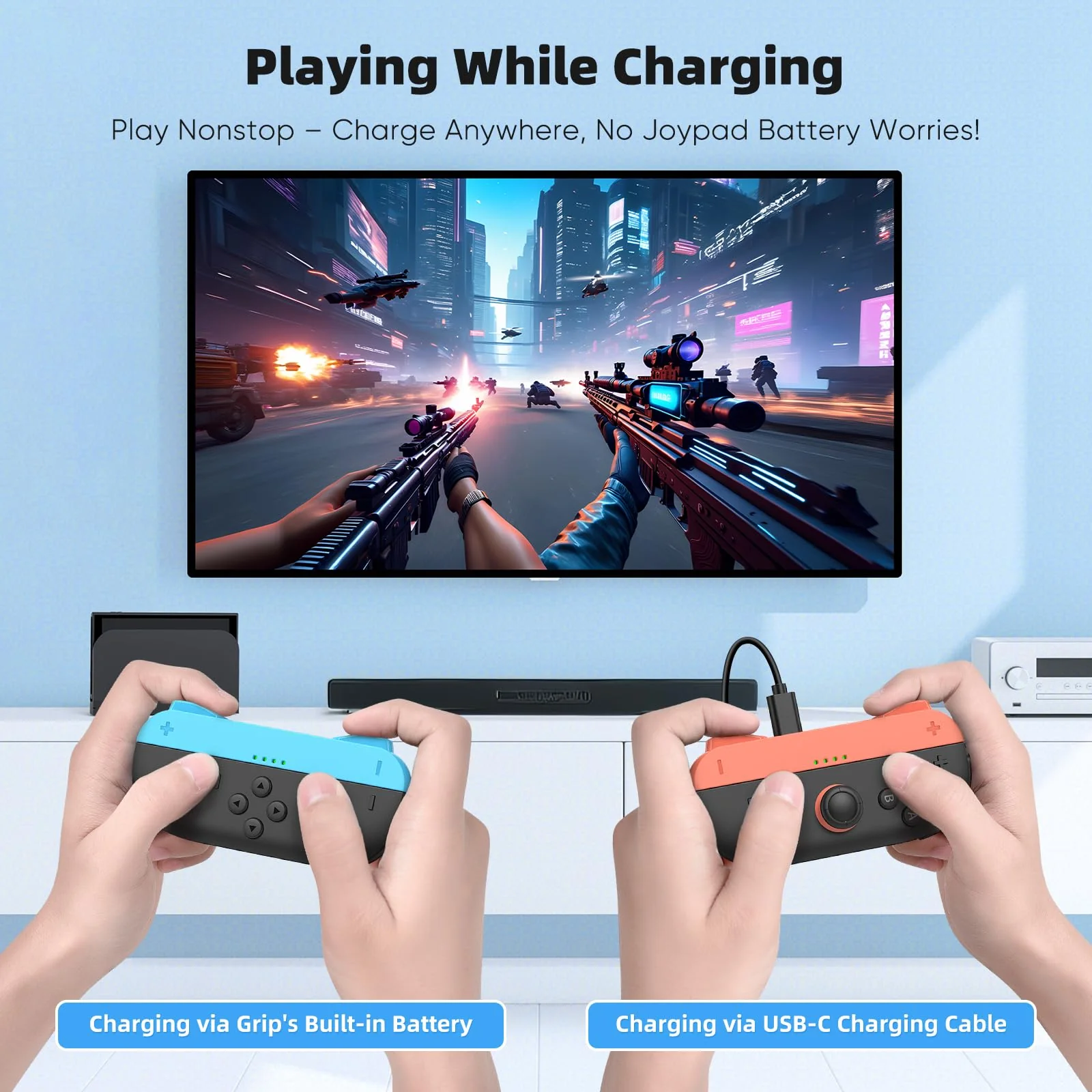 KOVA Switch 2 JoyPad Charging Grip with Built-in 3700 mWH Battery - 3.5H Fast Charging with LED Display, Enlarged SR/SL Buttons, Charging While Playing (Blue & Orange) Blue & Orange - Image 4