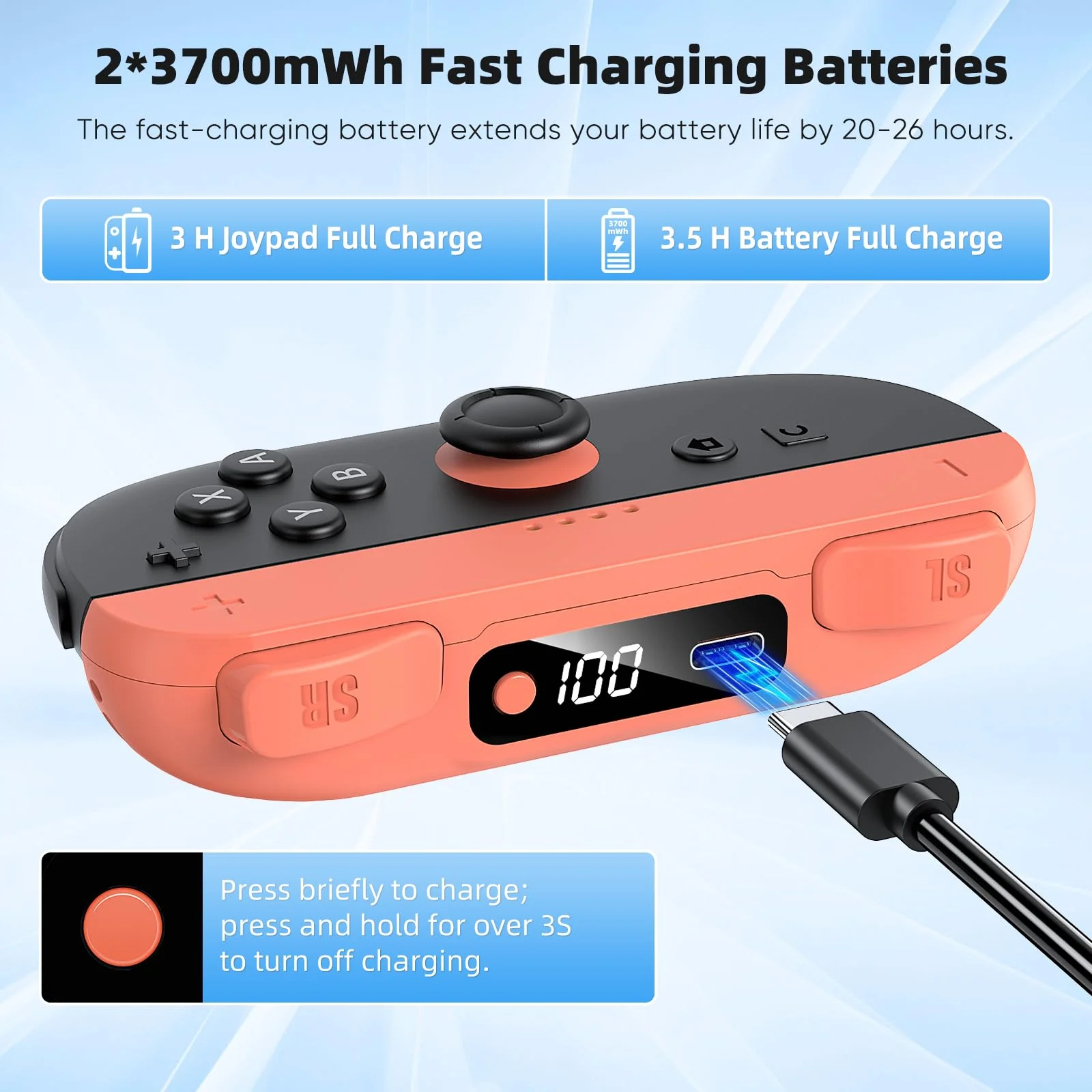 KOVA Switch 2 JoyPad Charging Grip with Built-in 3700 mWH Battery - 3.5H Fast Charging with LED Display, Enlarged SR/SL Buttons, Charging While Playing (Blue & Orange) Blue & Orange - Image 5