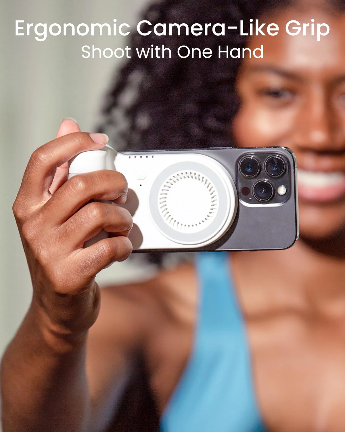 KraftGeek Magnetic Phone Stand Camera Grip with Wireless Charging & Bluetooth Shutter, Stand for iPhone, Ergonomic Handle for Vlogging, Selfies & Video Calls White - Image 3