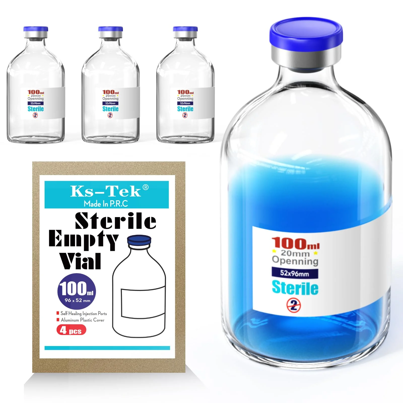 Ks-Tek Sterile Empty Vials with Self Healing Injection Port,with Flip Off Aluminum Cap,Sterile Package (100ml,4) 100ml 4