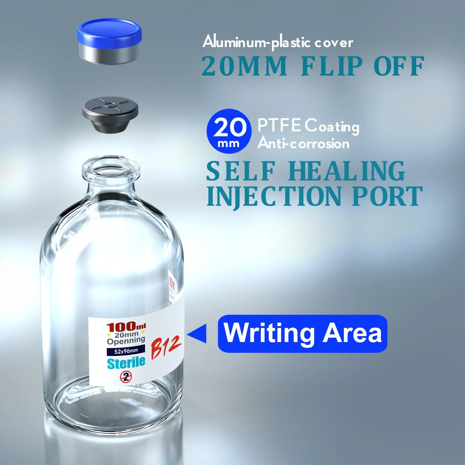Ks-Tek Sterile Empty Vials with Self Healing Injection Port,with Flip Off Aluminum Cap,Sterile Package (100ml,4) 100ml 4 - Image 3