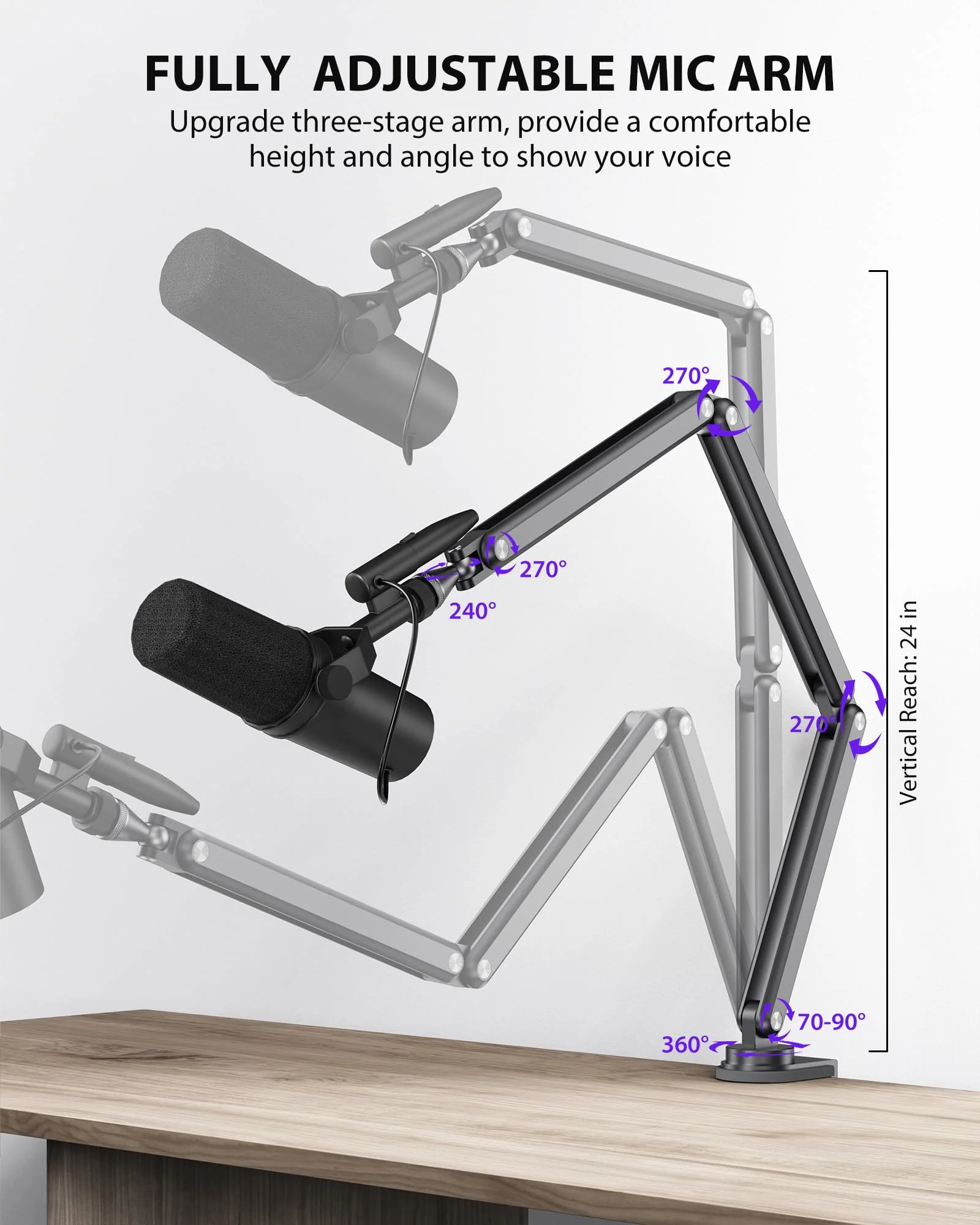 KU XIU Aluminum Alloy Boom Arm Microphone Stand for Desk, Three-Section Adjustable Mic Arm Mount with Cable Management Channels for Desktop Podcasting, Recording, Streaming, Gaming, Home Office-Gray - Image 2