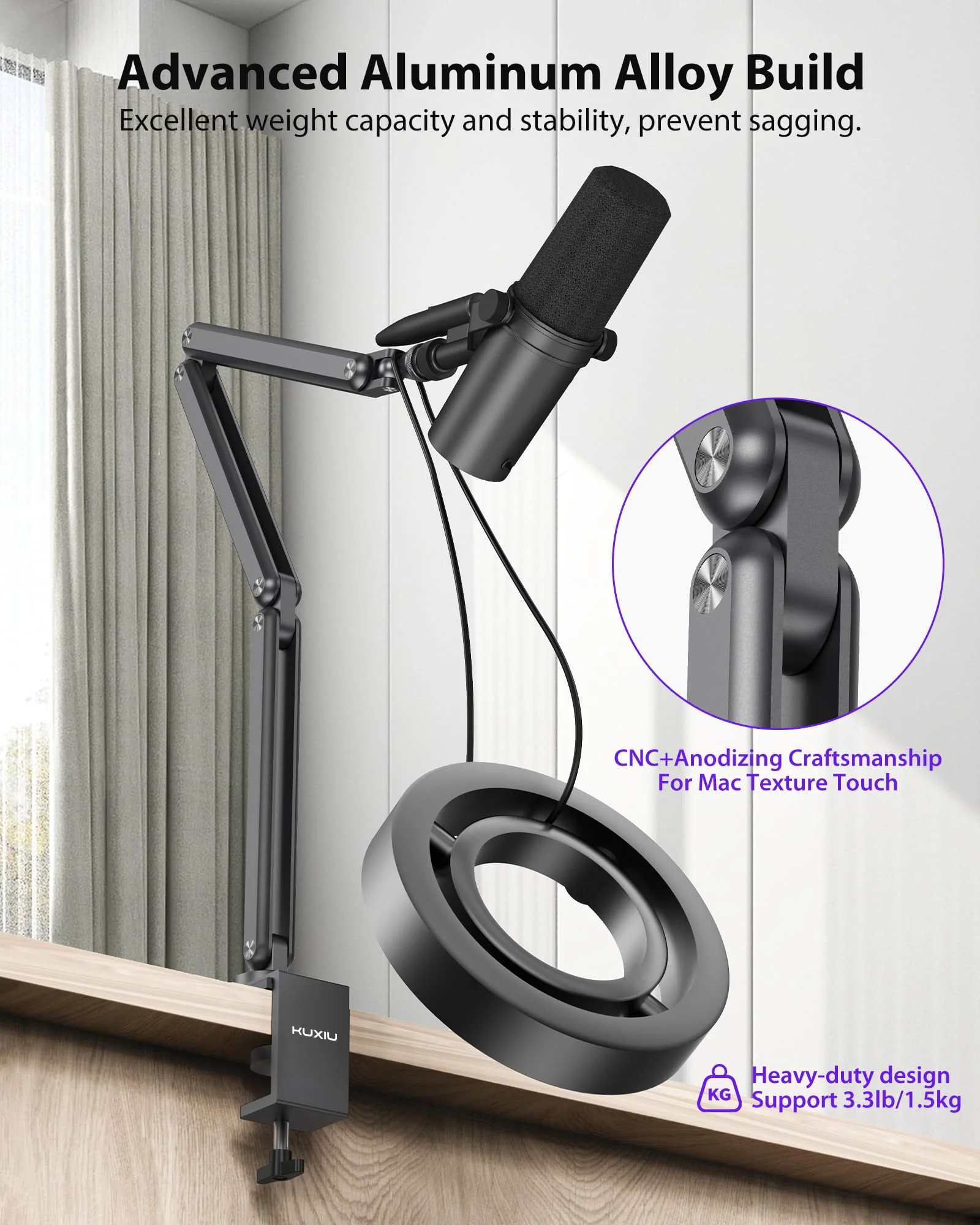 KU XIU Aluminum Alloy Boom Arm Microphone Stand for Desk, Three-Section Adjustable Mic Arm Mount with Cable Management Channels for Desktop Podcasting, Recording, Streaming, Gaming, Home Office-Gray - Image 3