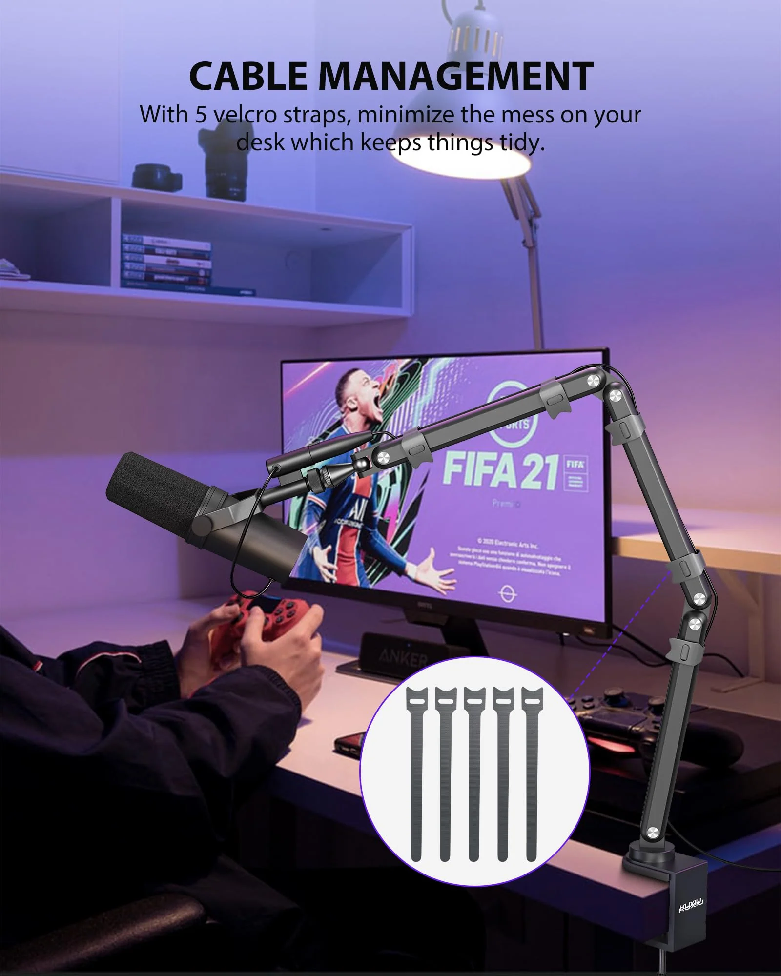 KU XIU Aluminum Alloy Boom Arm Microphone Stand for Desk, Three-Section Adjustable Mic Arm Mount with Cable Management Channels for Desktop Podcasting, Recording, Streaming, Gaming, Home Office-Gray - Image 4