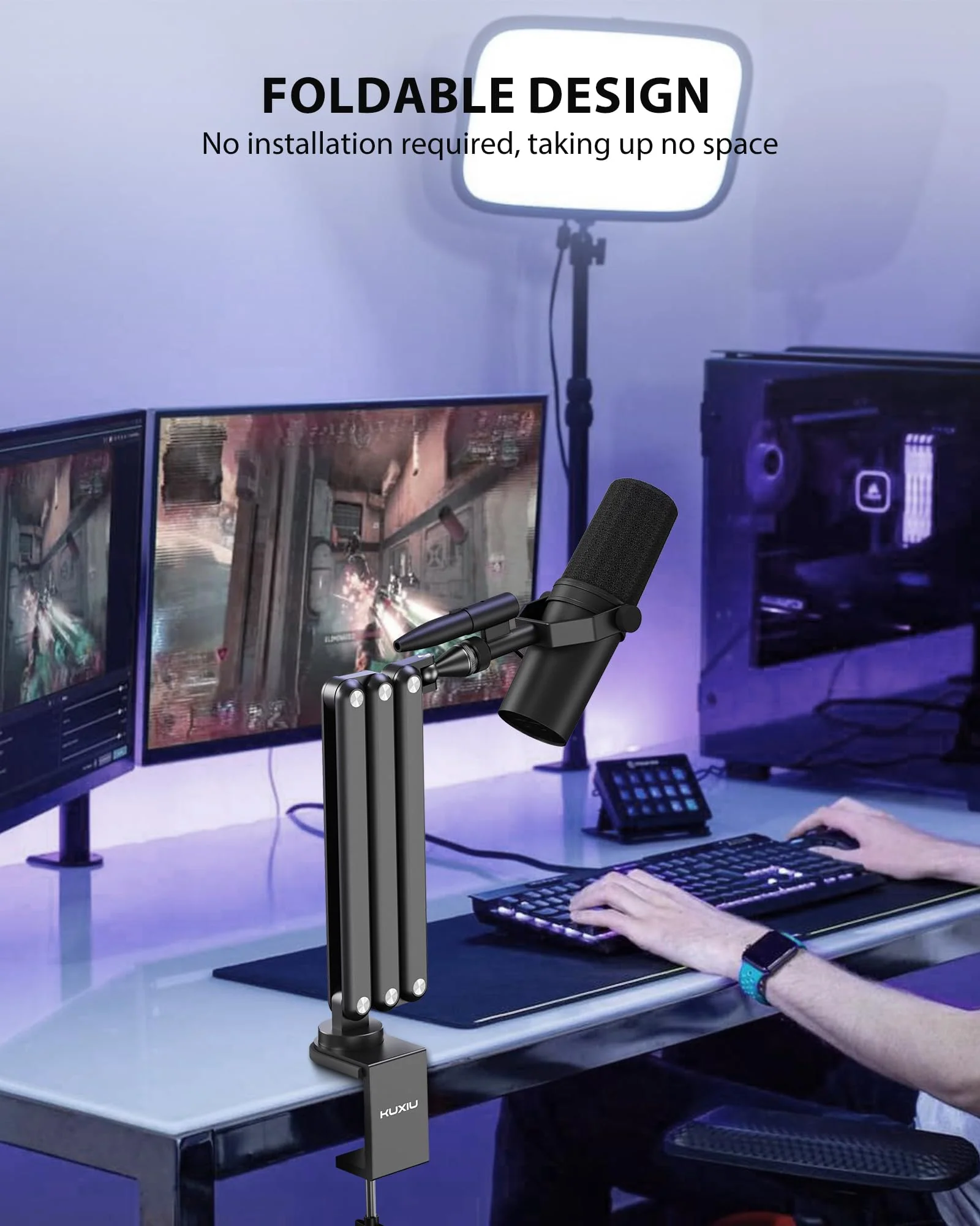 KU XIU Aluminum Alloy Boom Arm Microphone Stand for Desk, Three-Section Adjustable Mic Arm Mount with Cable Management Channels for Desktop Podcasting, Recording, Streaming, Gaming, Home Office-Gray - Image 5