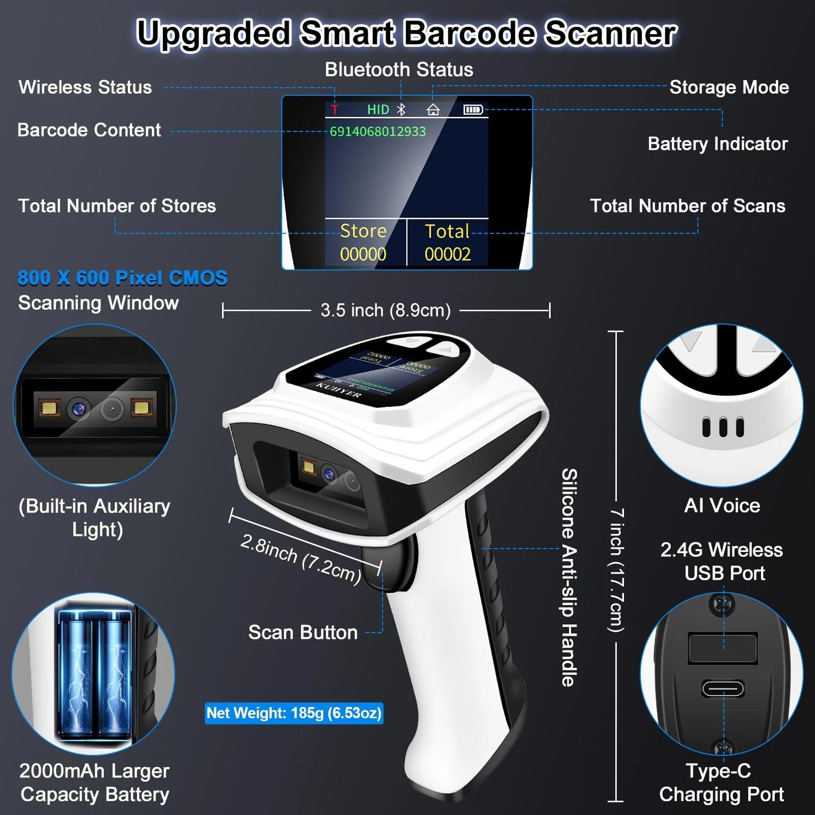 KUIIYER 1D QR 2D Barcode Scanner, Bluetooth Wireless Bar Code Scanners with Setting Keypad & LCD Screen Display & AI Voice, Handheld Barcode Reader for iPhone, Android, iPad, Tablet, Computers & POS Bluetooth Barcode Scanner - Image 3