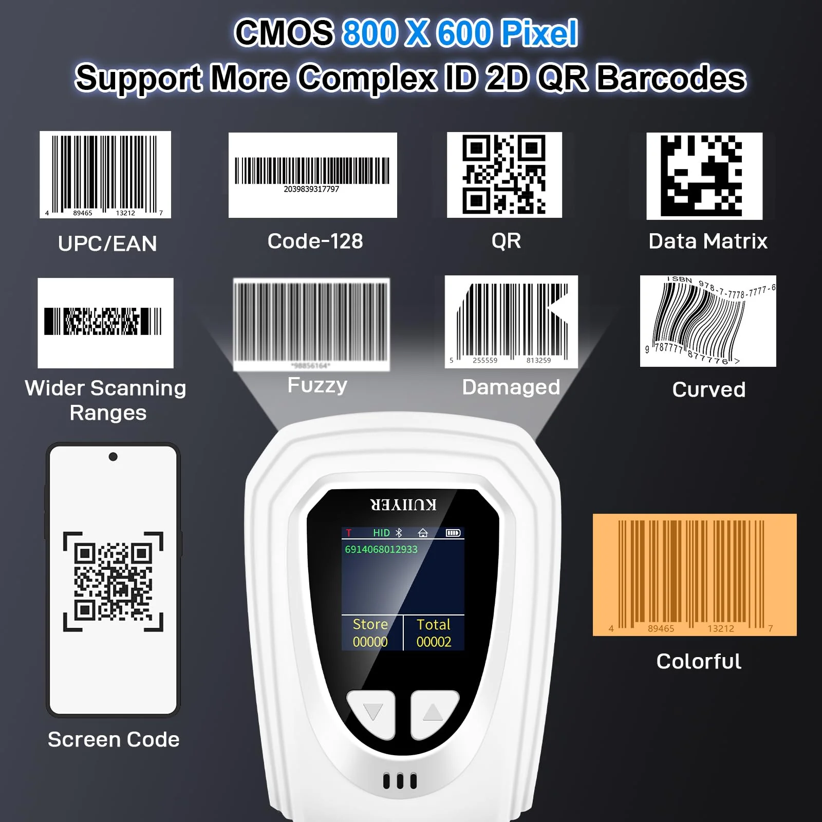 KUIIYER 1D QR 2D Barcode Scanner, Bluetooth Wireless Bar Code Scanners with Setting Keypad & LCD Screen Display & AI Voice, Handheld Barcode Reader for iPhone, Android, iPad, Tablet, Computers & POS Bluetooth Barcode Scanner - Image 5