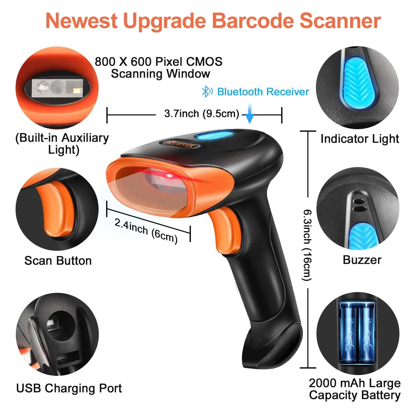 KUIIYER Bluetooth Barcode Scanner, Wireless 2D QR 1D Bar Code Scanners Handheld Barcode Reader with Updated 800 X 600 Pixel CMOS, Plug & Play for iPhone, Android, iPad, Tablet, PC Computers & POS - Image 2
