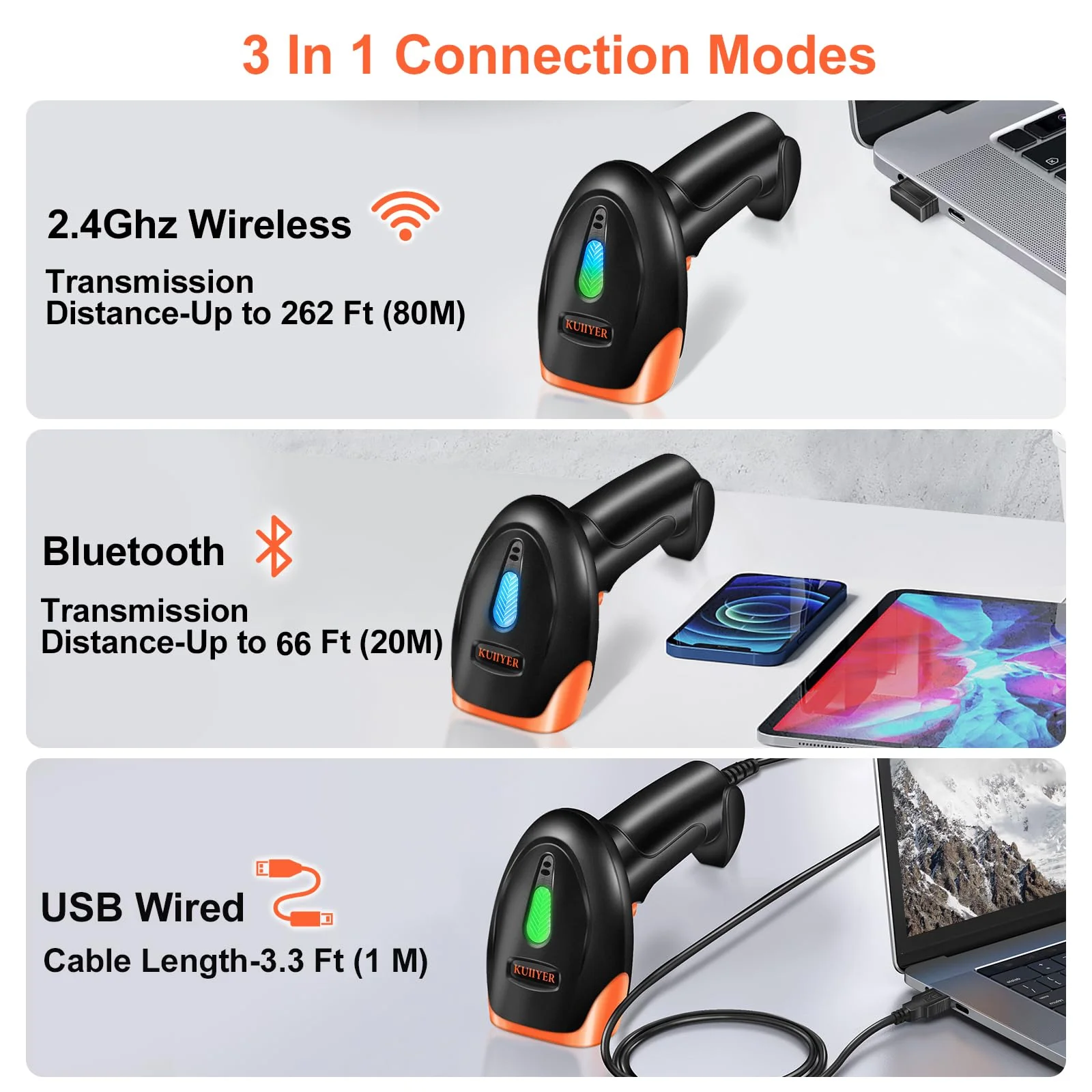 KUIIYER Bluetooth Barcode Scanner, Wireless 2D QR 1D Bar Code Scanners Handheld Barcode Reader with Updated 800 X 600 Pixel CMOS, Plug & Play for iPhone, Android, iPad, Tablet, PC Computers & POS - Image 3