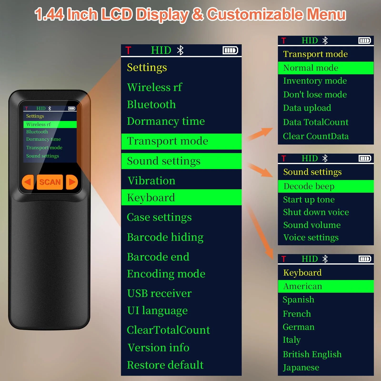 KUIIYER Mini Bluetooth Barcode Scanner, Wireless 2D QR 1D Bar Code Scanners with LCD Screen Display & Setting Keypad & AI Voice, Small Portable Handheld Barcode Reader for Smart Phone, Computers & POS - Image 2