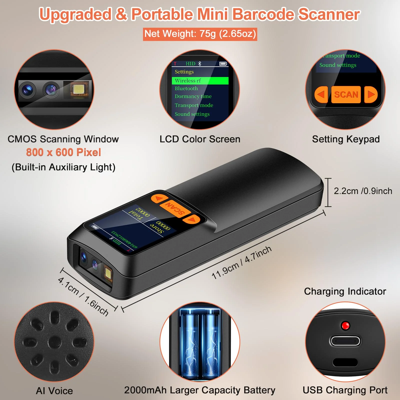 KUIIYER Mini Bluetooth Barcode Scanner, Wireless 2D QR 1D Bar Code Scanners with LCD Screen Display & Setting Keypad & AI Voice, Small Portable Handheld Barcode Reader for Smart Phone, Computers & POS - Image 3