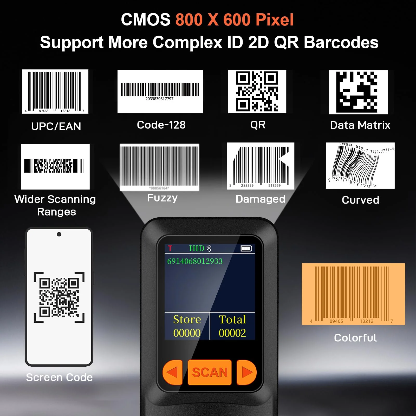 KUIIYER Mini Bluetooth Barcode Scanner, Wireless 2D QR 1D Bar Code Scanners with LCD Screen Display & Setting Keypad & AI Voice, Small Portable Handheld Barcode Reader for Smart Phone, Computers & POS - Image 5